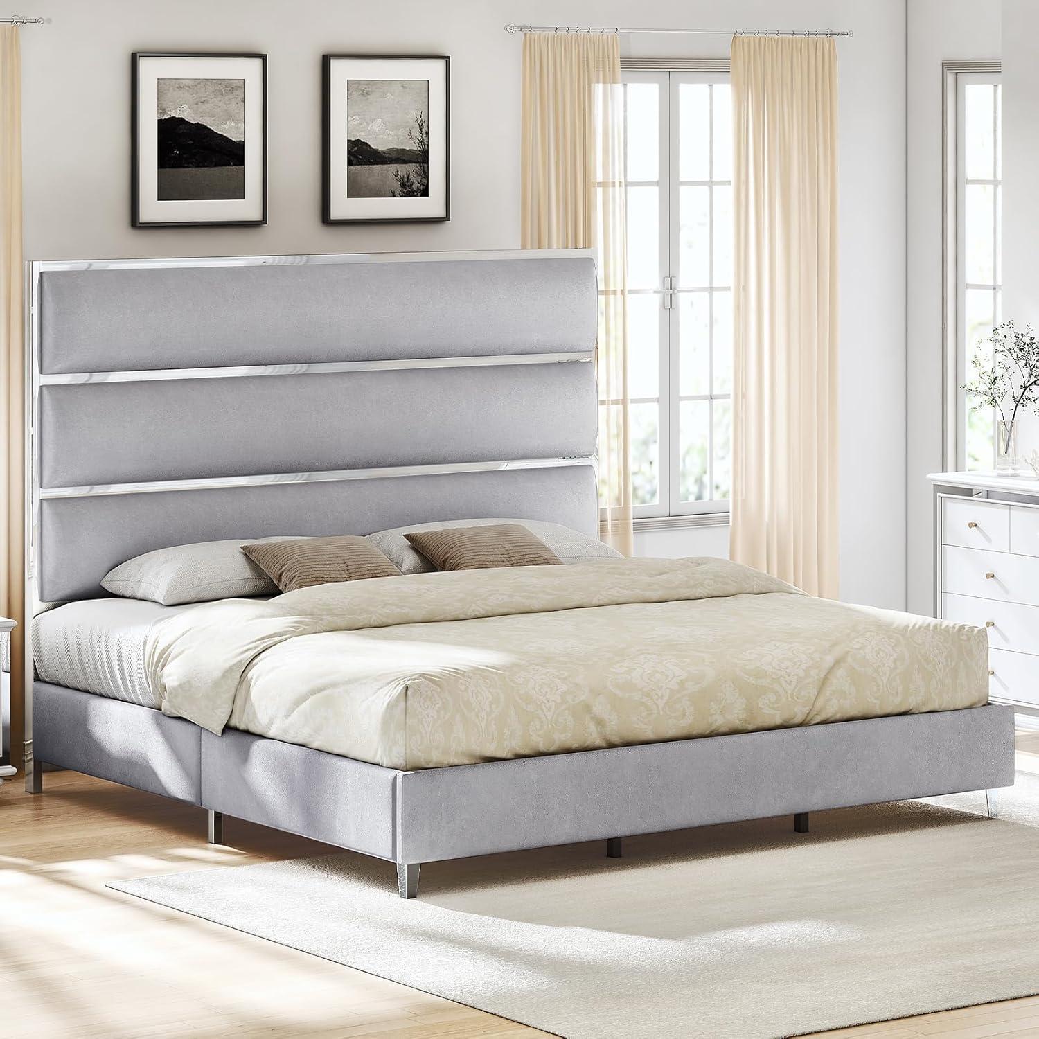 Queen Size Bed Frame with 59" Tall Headboard, Velvet Upholstered Platform Bed with Silver Mirrored Trim/No Box Spring Needed/Light Grey