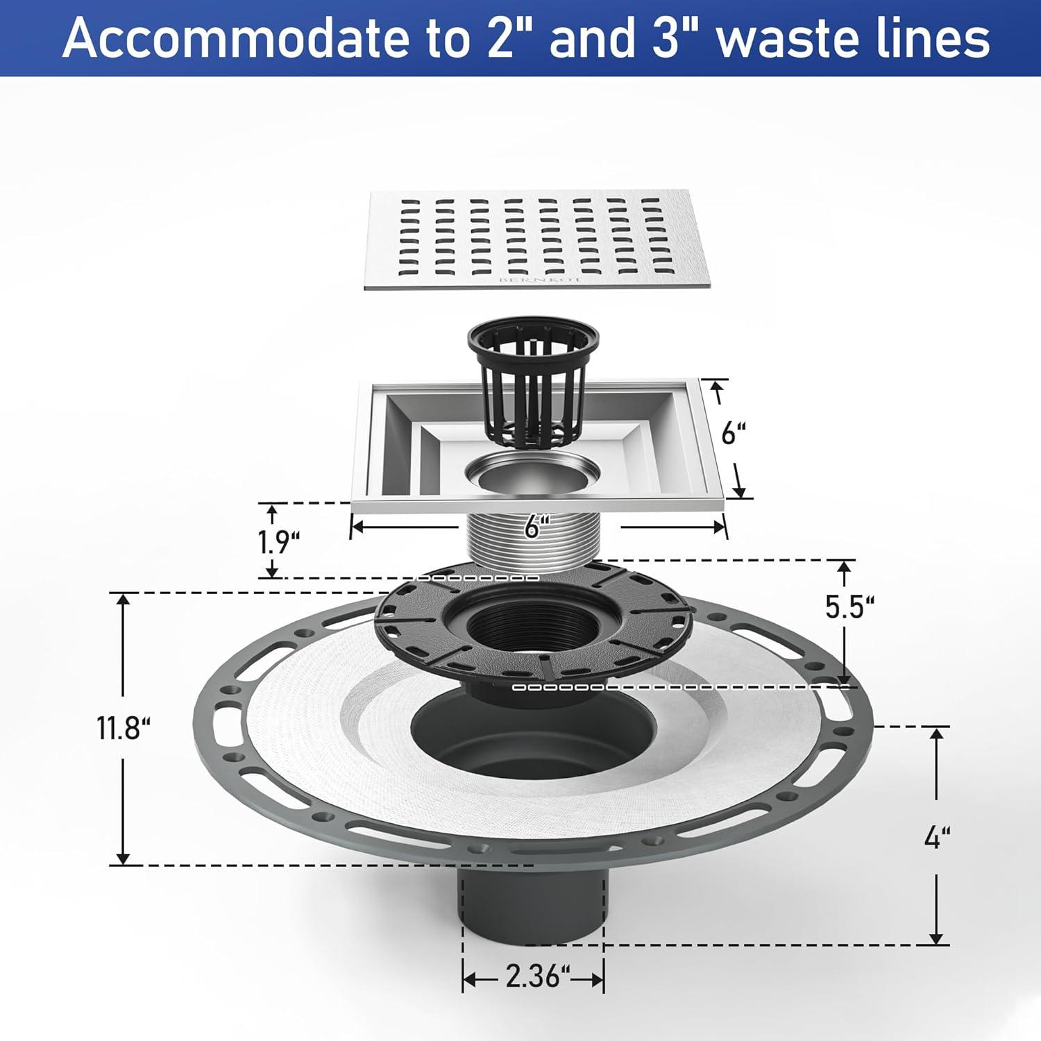 6" Square Brushed Stainless Steel Shower Drain with PVC Flange