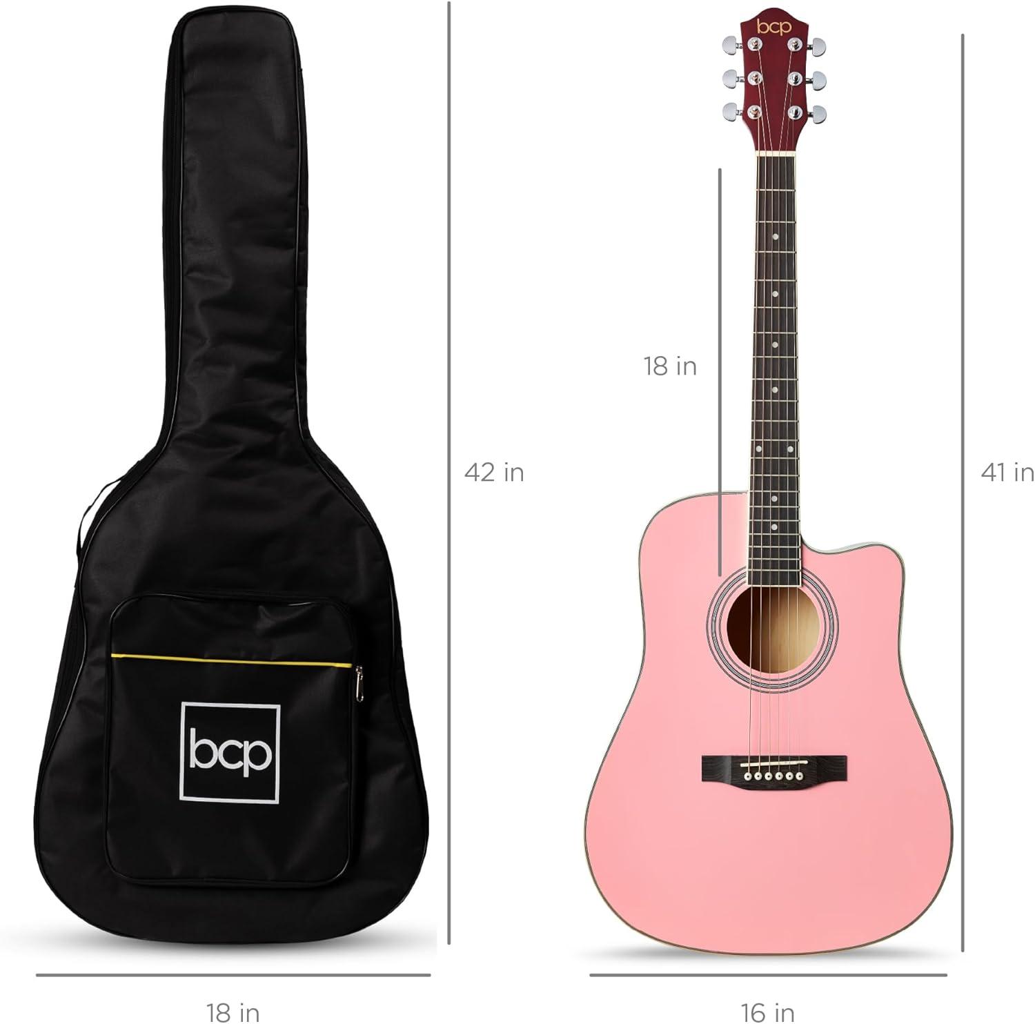 Best Choice Products 41in Full Size Beginner Acoustic Guitar Set with Case, Strap, Capo, Strings - Pink