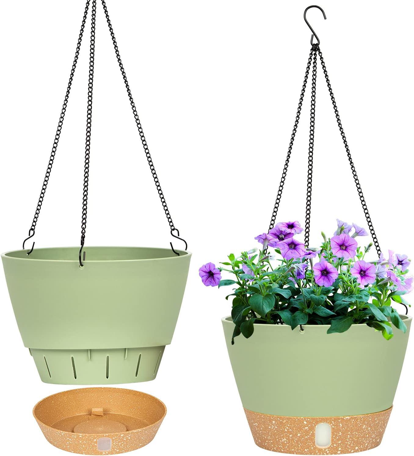 8-inch Green Plastic Hanging Planter with Self-Watering Reservoir, 2-Pack