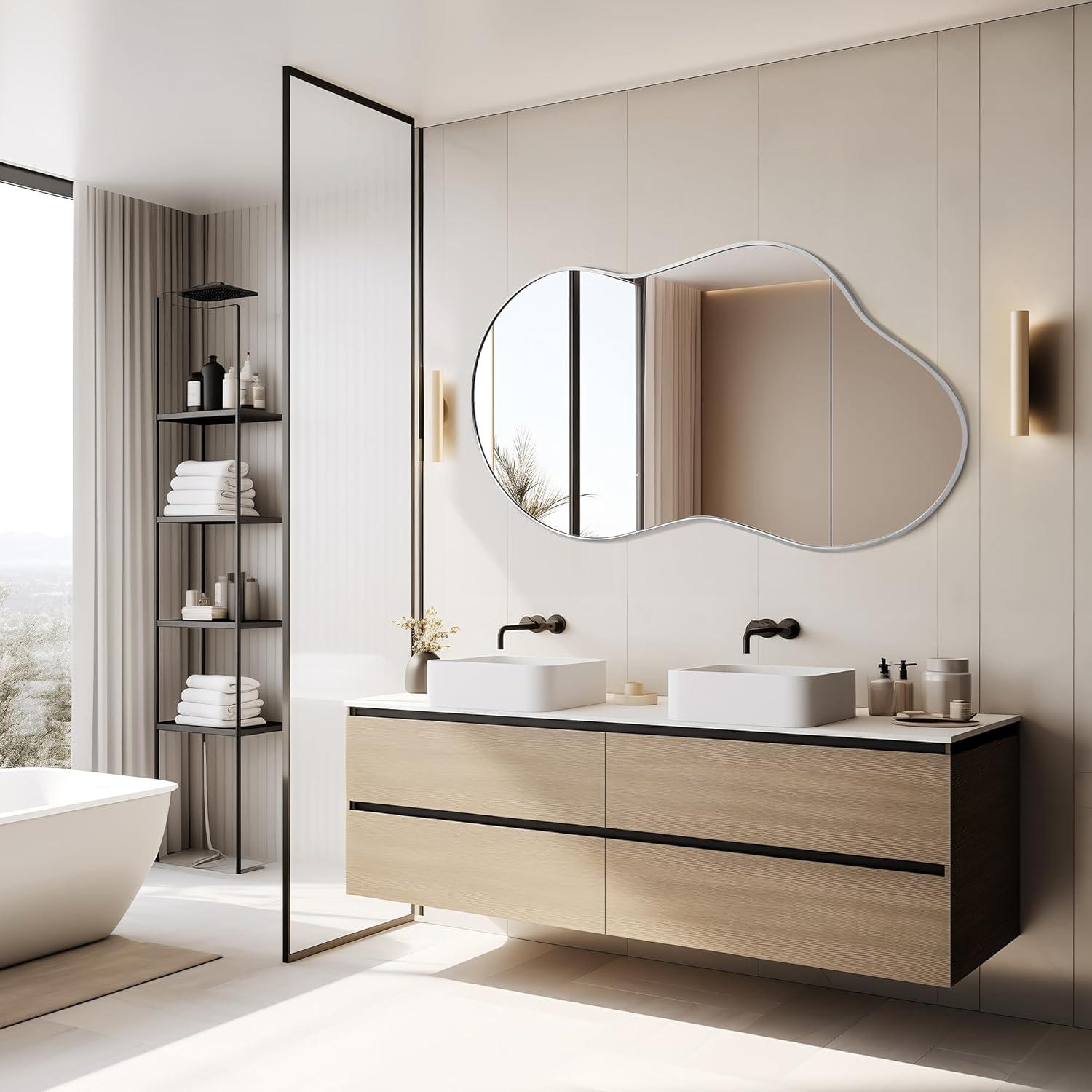 36 in. W. x 20 in. H Irregular Silver Aluminum Alloy Framed Wall Mirror Asymmetrical Wall Mirror