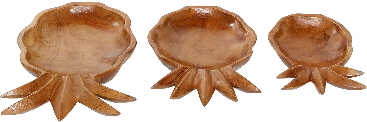 DecMode 7", 10", 11"W Handmade Round Pineapple Fruit Brown Teak Wood Decorative Bowl, Set of 3