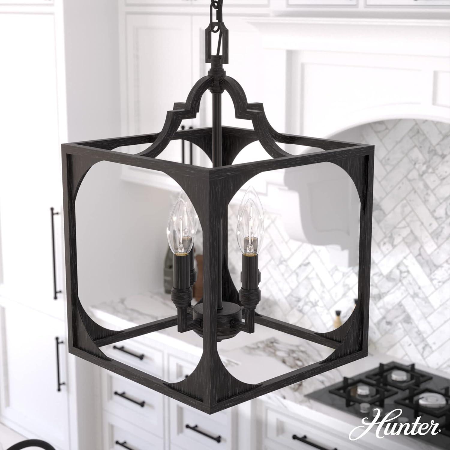Hunter - Highland Hill 4-light Rustic Iron, Medium Size Pendant Light, Dimmable, Formal Style, Lantern Shaped, for Bedrooms, Kitchens, Dining, Living Rooms - 19283
