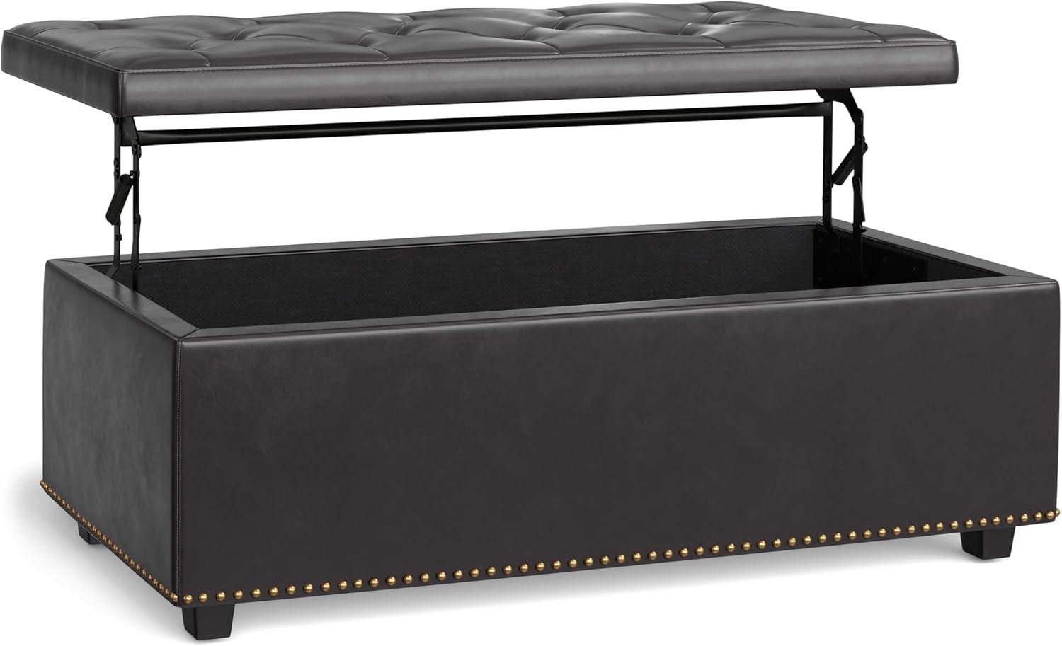 Simpli Home Hamilton 44"W Upholstered Lift-Top Storage Ottoman with Nailhead Trim and Tufted Detailing