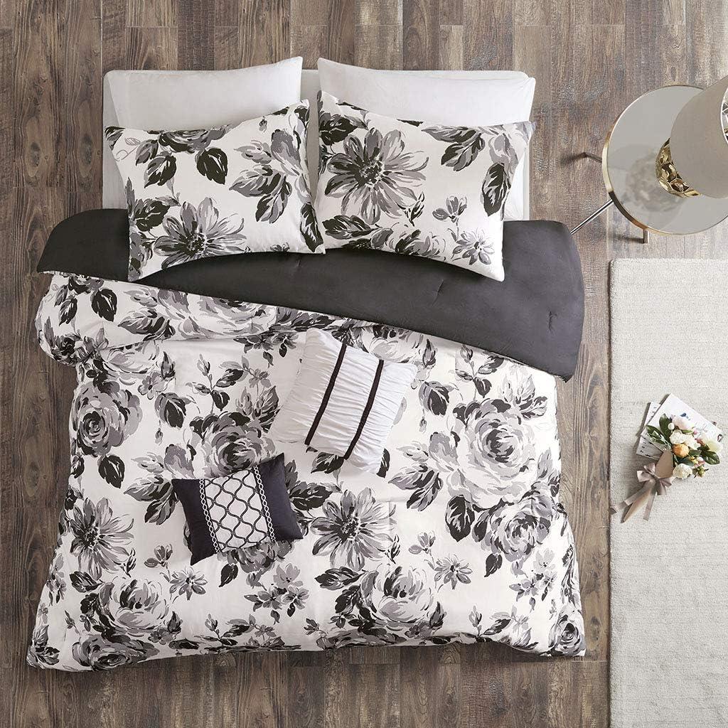 Intelligent Design Twin/Twin XL Comforter Set, 4-Piece Floral Bedding Set for All Season, Black and White Bedding Comforter Sets with Decor Pillows