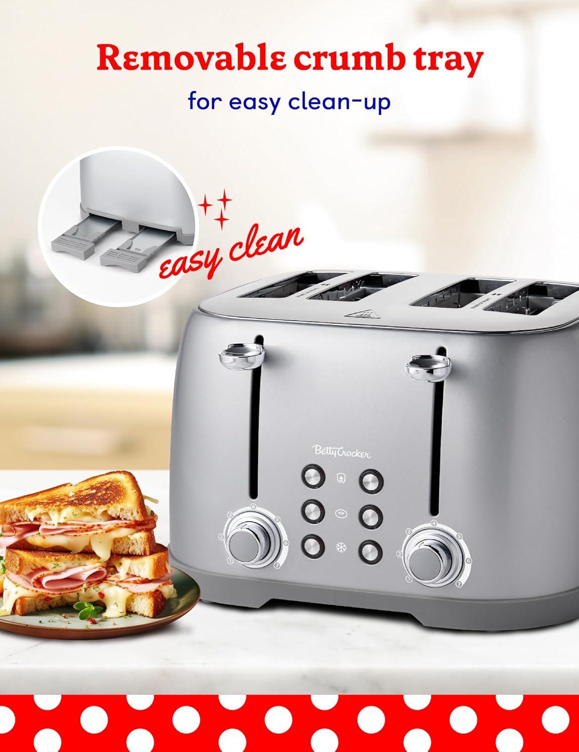 Betty Crocker 4-Slice Toaster, Silver with Extra Wide Slots
