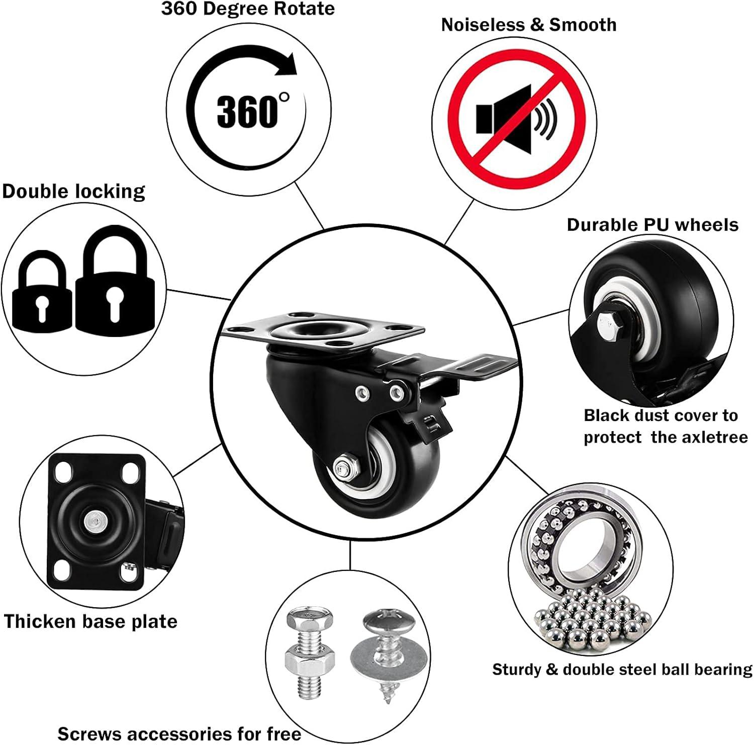 Casters Wheels Set of 4 Heavy Duty Swivel Casters 2" Double Locking Castor Wheels Set with Brake Industrial Polyurethane Metal Wheels for Workbench, Furniture, Cabinet, Wood Box, Outdoor Plate Casters