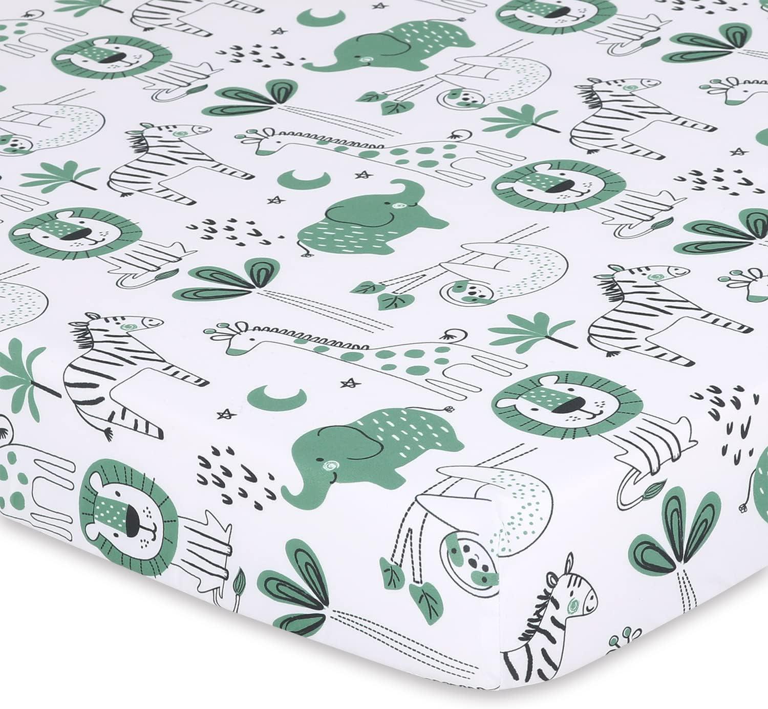 The Peanutshell Mini Crib Sheet Set - 3 Pack - Multiuse for Pack & Play, Playard, Playpen, Mini Crib - Green Safari Animals