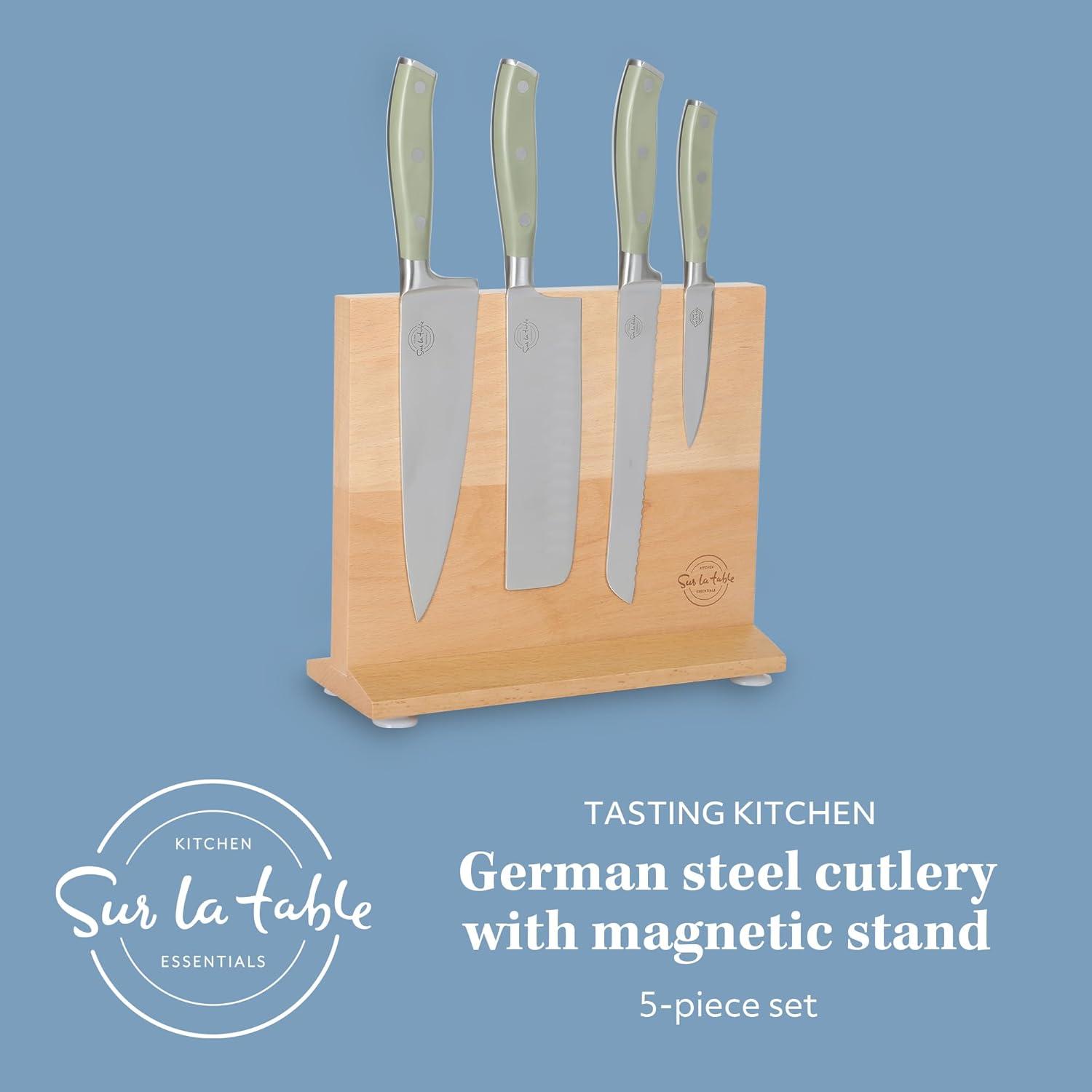 Sur La Table Kitchen Essentials Sur La Table Kitchen Essentials 5 Piece German Steel Blade With Triple Riveted Handle Set on Beechwood Magentic Block - Juniper Green