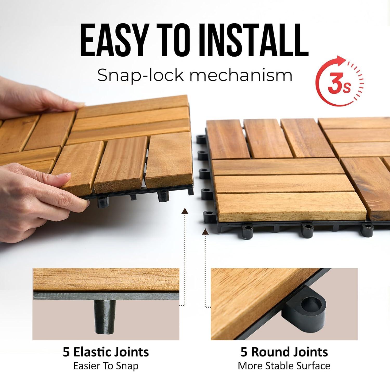 30 Pcs Premium Deck Tiles, Interlocking Deck Tile, Wooden Patio Flooring Outdoor Waterproof, Acacia Wood Decking All Weather for Balcony Indoor and Outdoor Use (Dark Brown, Round Joints)