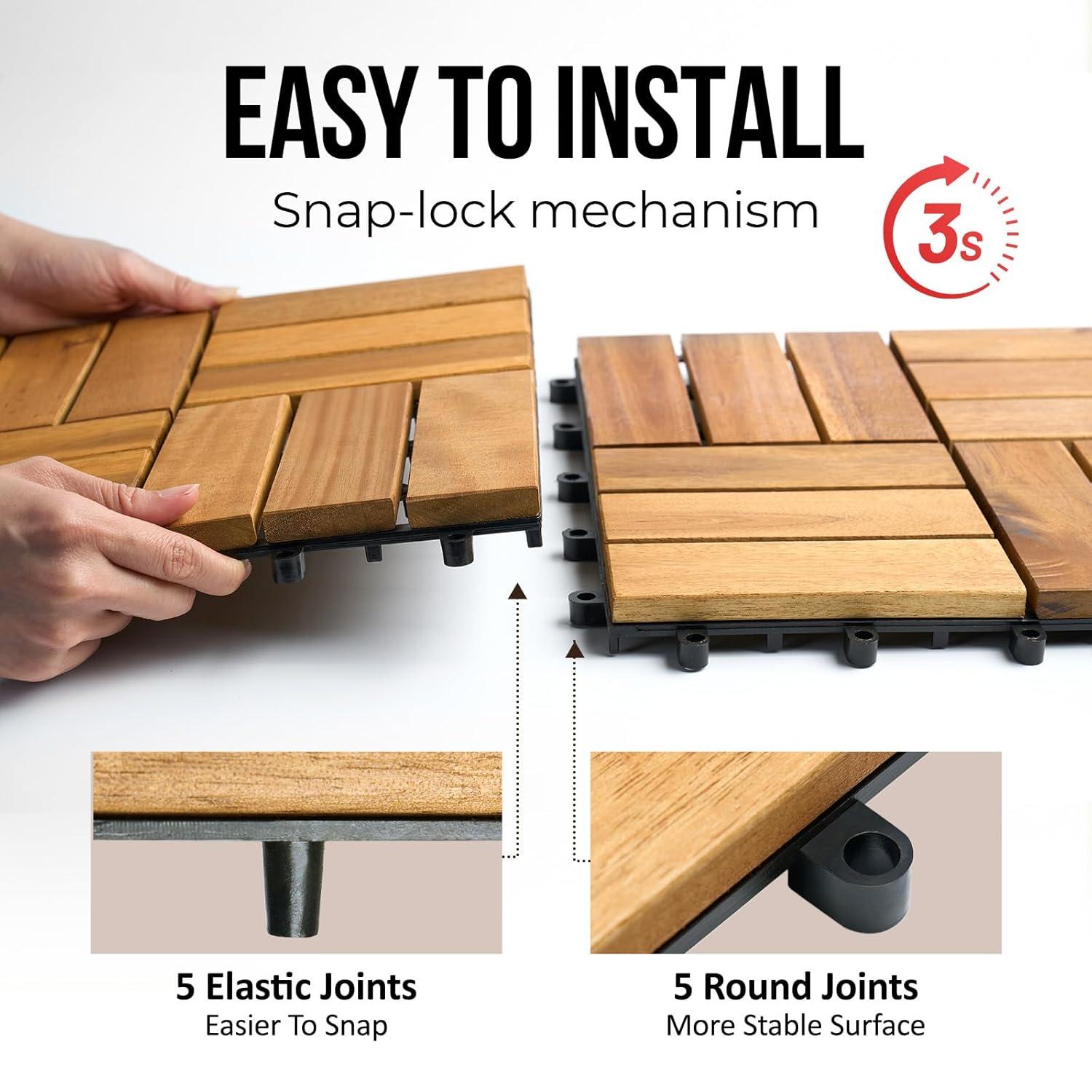 30 Pcs Premium Deck Tiles, Interlocking Deck Tile, Wooden Patio Flooring Outdoor Waterproof, Acacia Wood Decking All Weather for Balcony Indoor and Outdoor Use (Dark Brown, Round Joints)