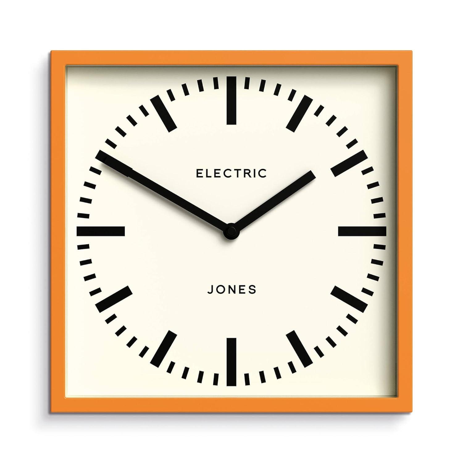 JONES CLOCKS® Box Railway Wall Clock | Square Station Clock | 10 inch | Cool Designer Look for Kitchen, Living Room or Office (Orange)
