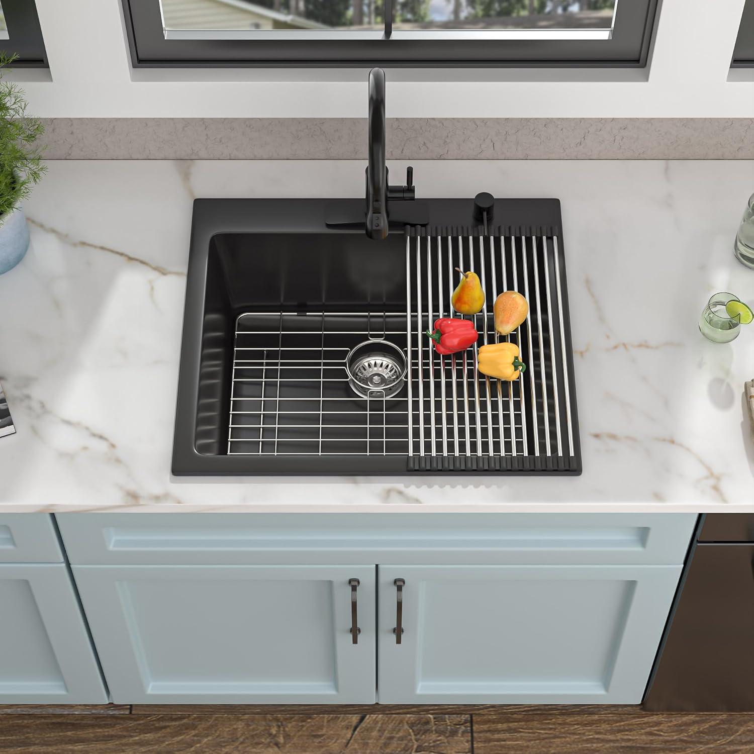 Quartz Kitchen Sink - 25X22" Black Granite Composite Drop In Kitchen Sink