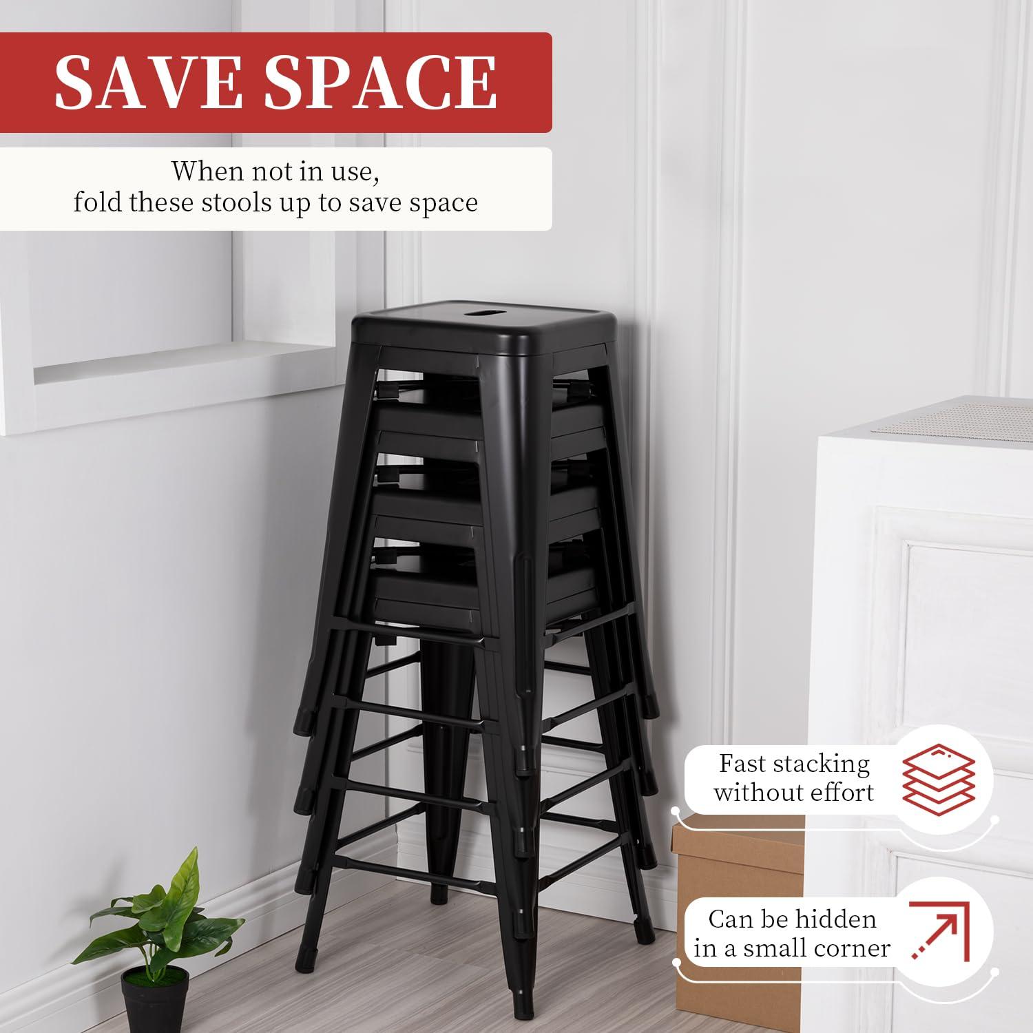 FDW Metal Bar Stools Set of 4 Counter Height Barstool Stackable Barstools 24 Inch Indoor Outdoor Patio Bar Stool Home Kitchen Dining Stool ,Black