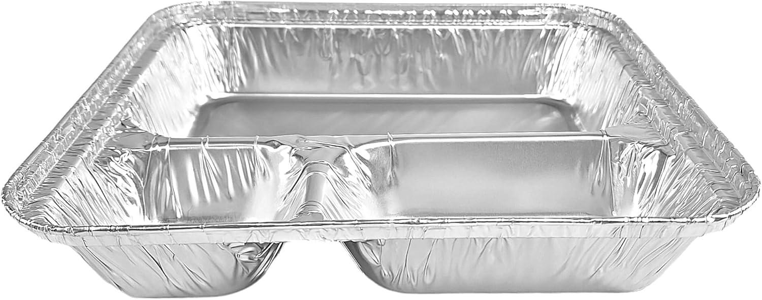 Pactogo Large 3-Compartment Oblong Aluminum Foil Take-Out Pan Senior Feeding TV Dinner Entr?e Tray w/Board Lid (Pack of 10 Sets)