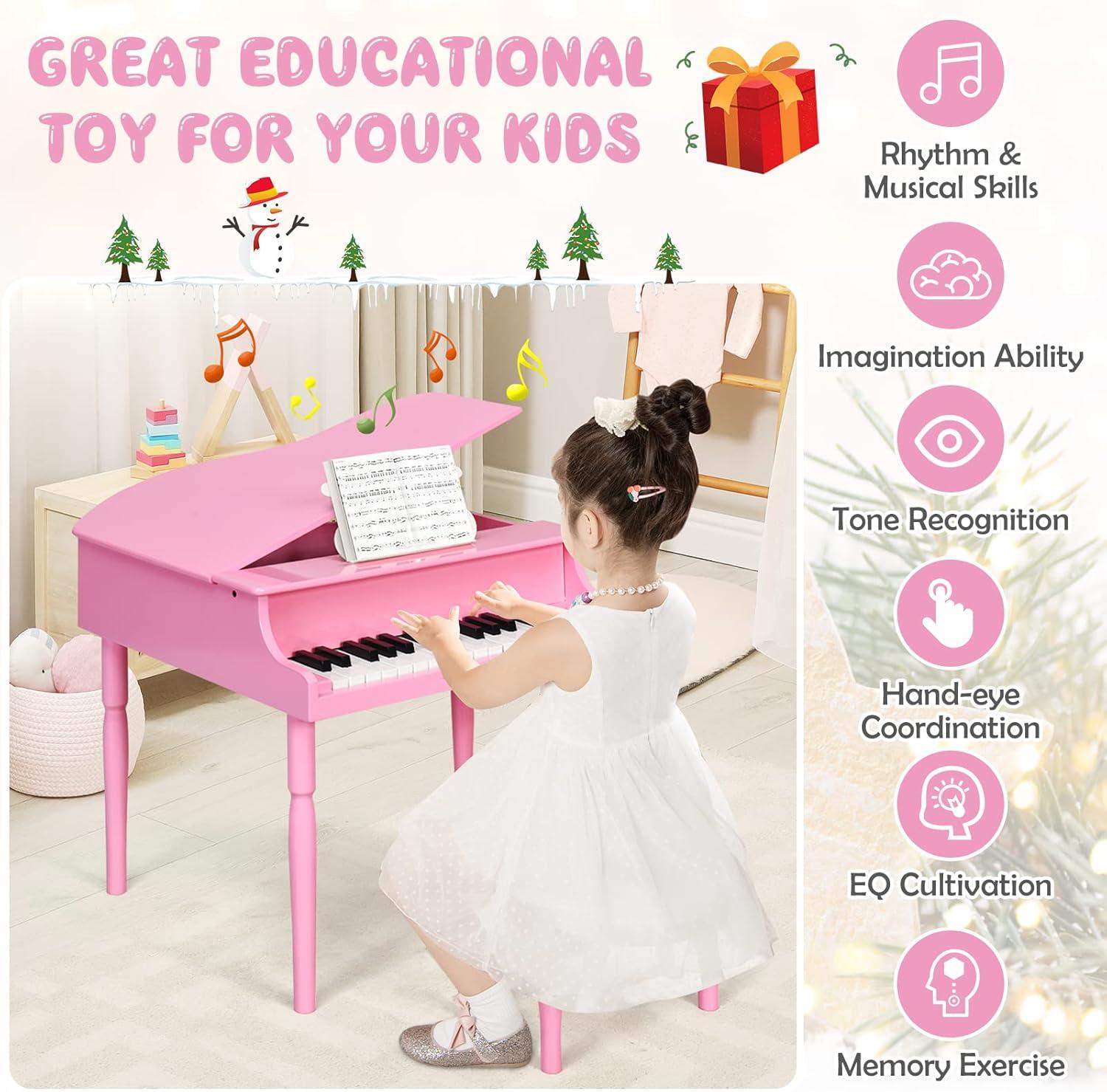 Costway 30-Key Classic Baby Grand Piano Toddler Toy Wood w/ Bench & Music Rack Pink