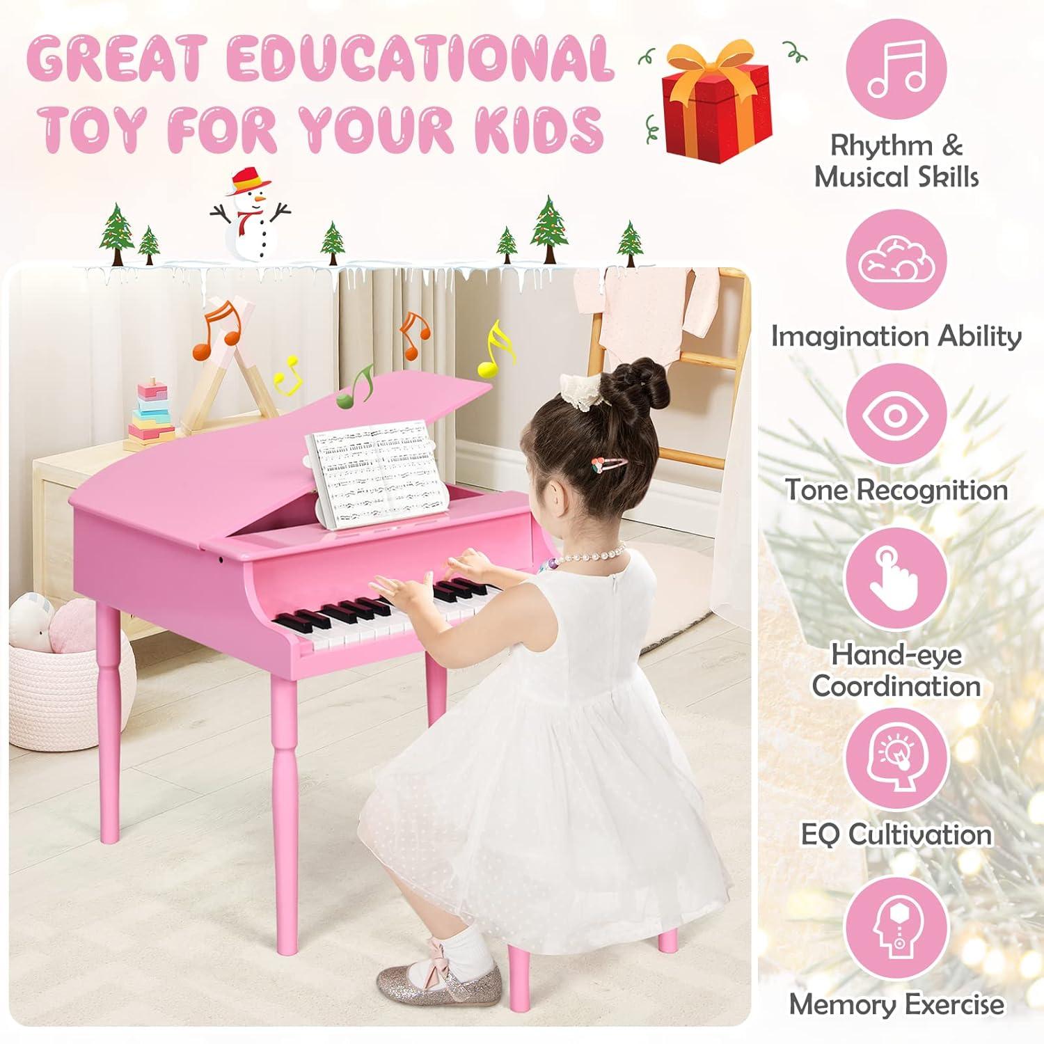 Costway 30-Key Classic Baby Grand Piano Toddler Toy Wood w/ Bench & Music Rack Pink