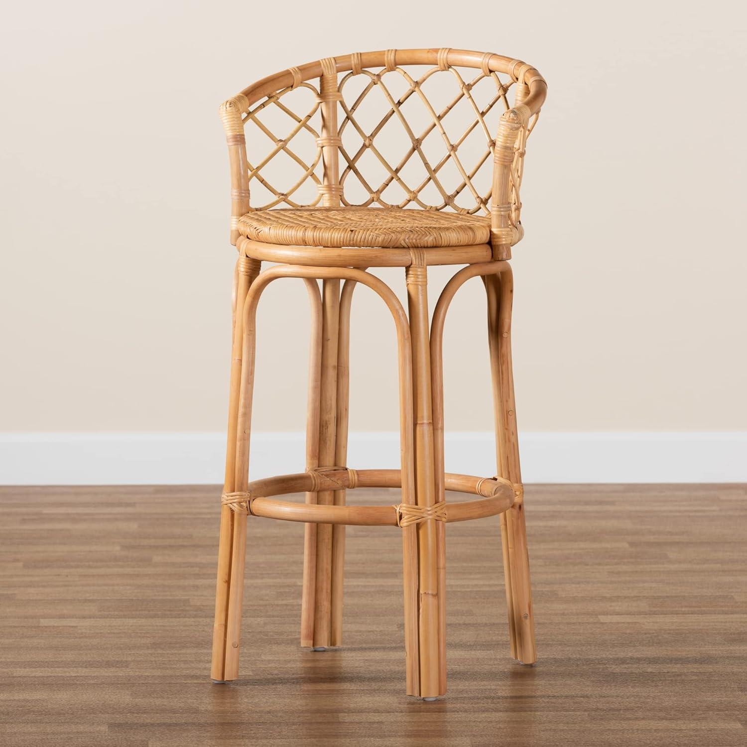 Natural Brown Rattan Bar Stool with Ergonomic Footrest