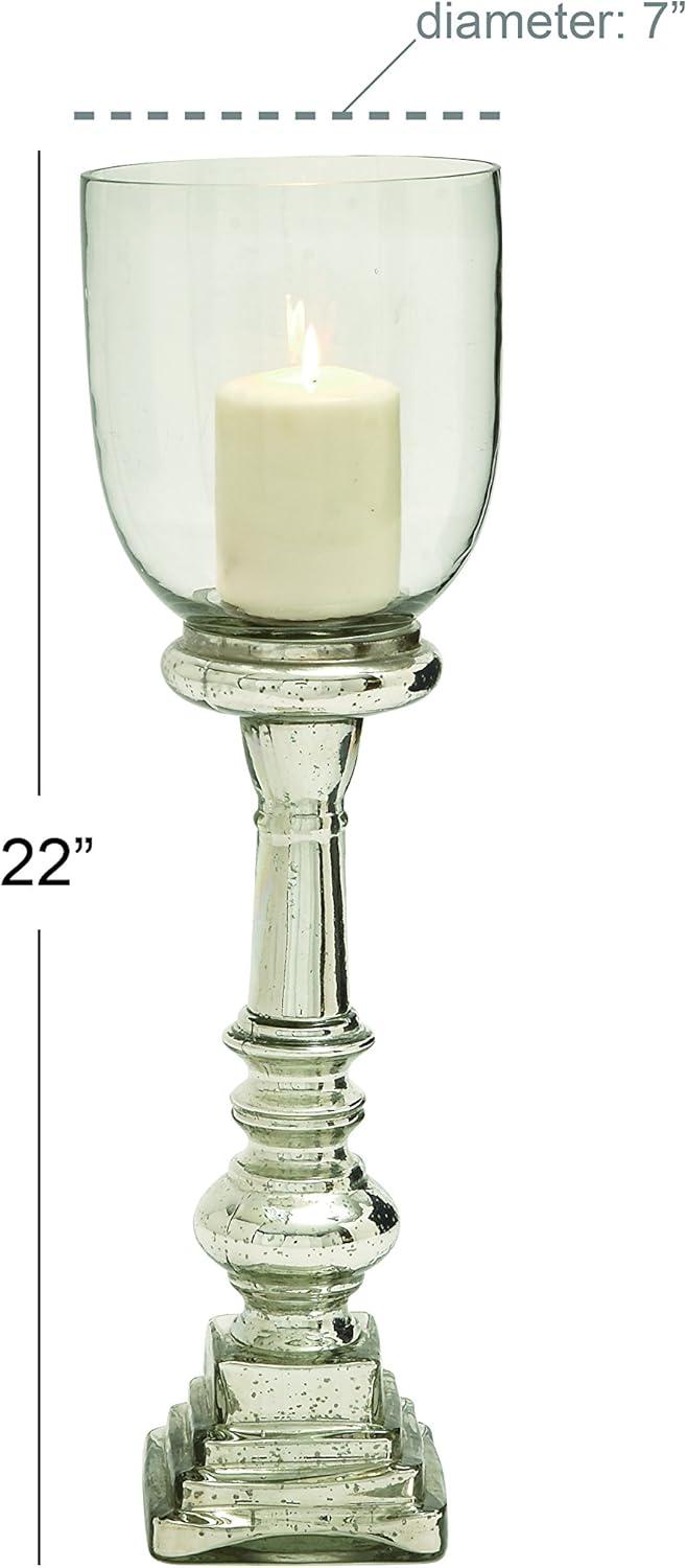 DecMode Silver Glass Handmade Turned Style Pillar Hurricane Lamp with Faux Mercury Glass Finish