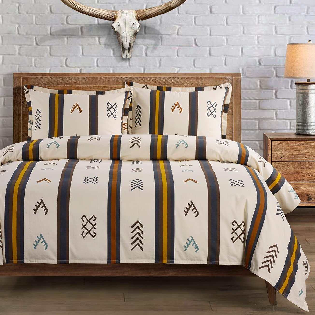 HiEnd Accents Toluca Canvas Western Bedding 3 Piece Full Comforter Set, Cattle Brand Symbols Print, Striped Cotton Rustic Cabin Lodge Bed Set, 1 Comforter, 2 Pillow Shams