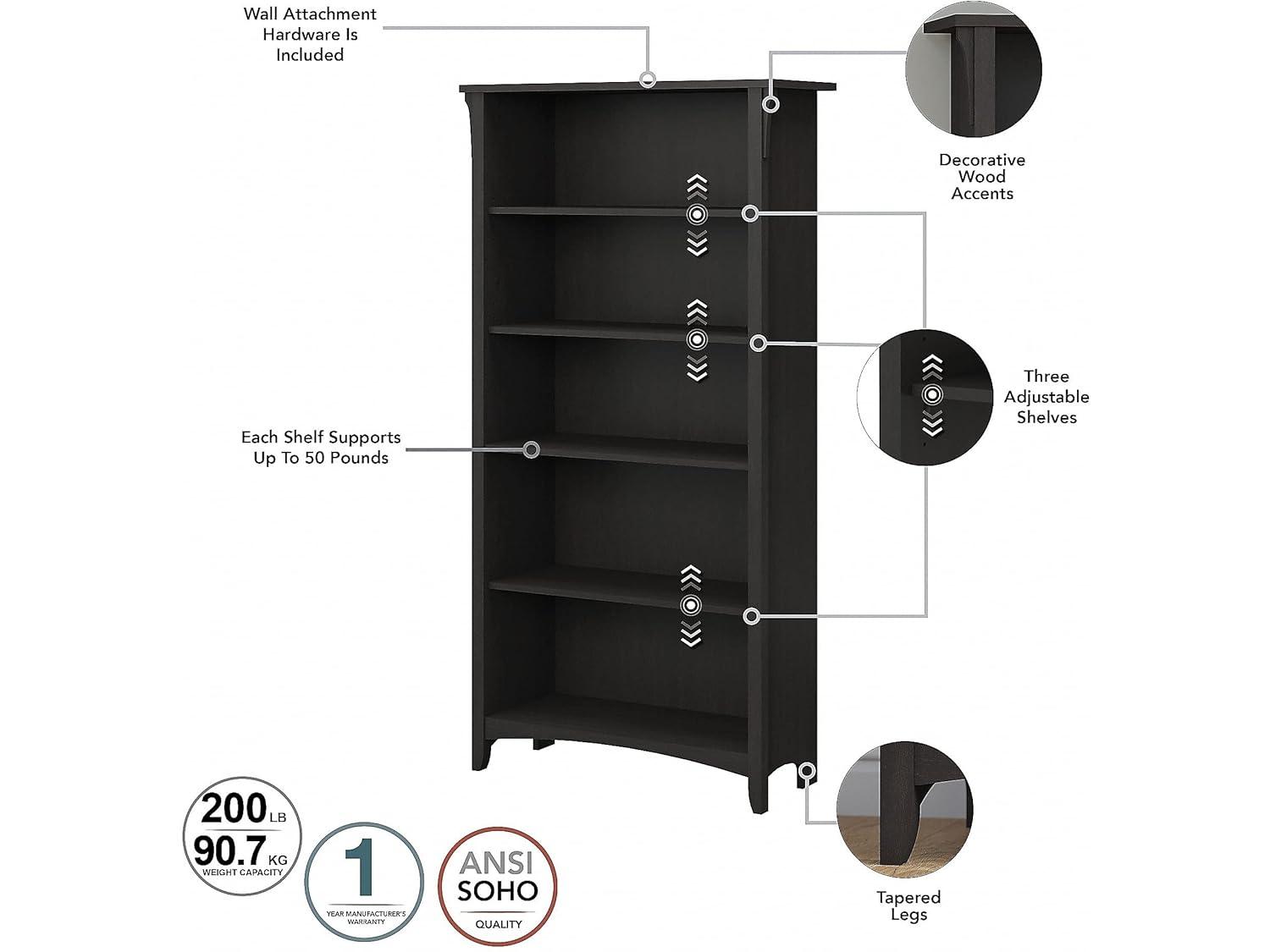 Bush Furniture Salinas Tall 5 Shelf Bookcase, Set of 2, Vintage Black