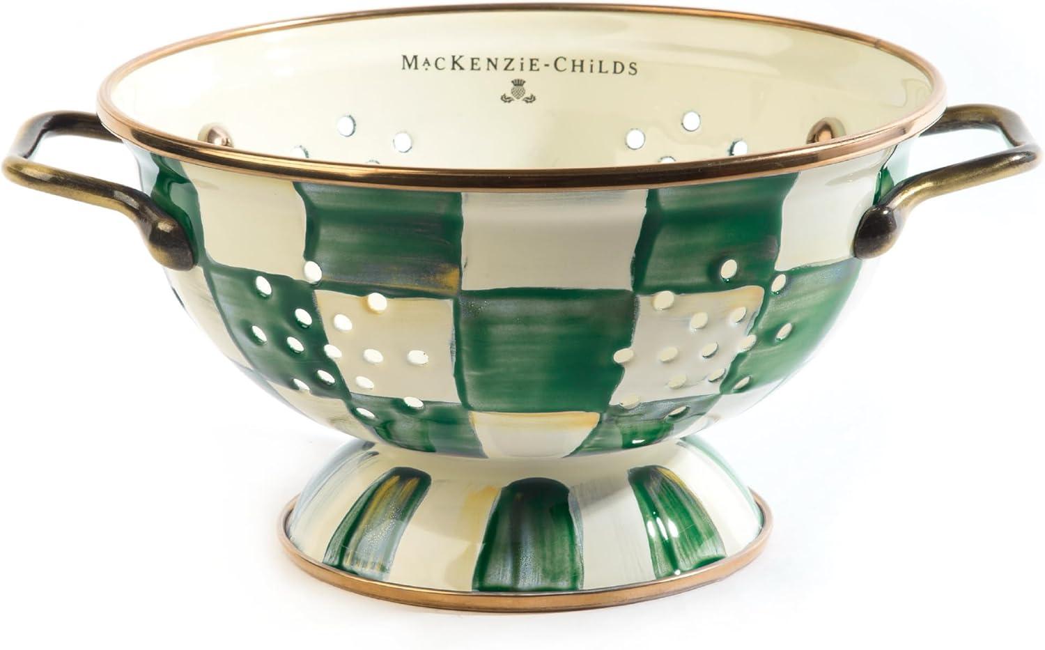 MACKENZIE-CHILDS Enamel Colander, Decorative Kitchen Strainer, Small, Green-and-White Emerald Check