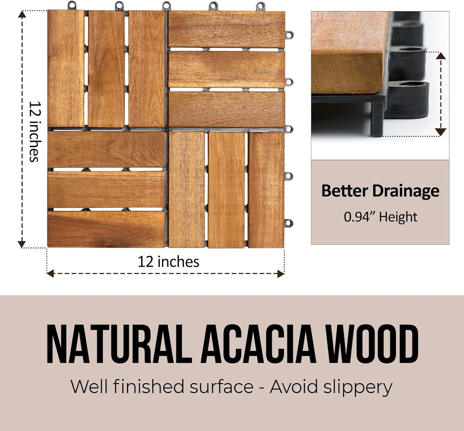 30 Pcs Premium Deck Tiles, Interlocking Deck Tile, Wooden Patio Flooring Outdoor Waterproof, Acacia Wood Decking All Weather for Balcony Indoor and Outdoor Use (Dark Brown, Round Joints)