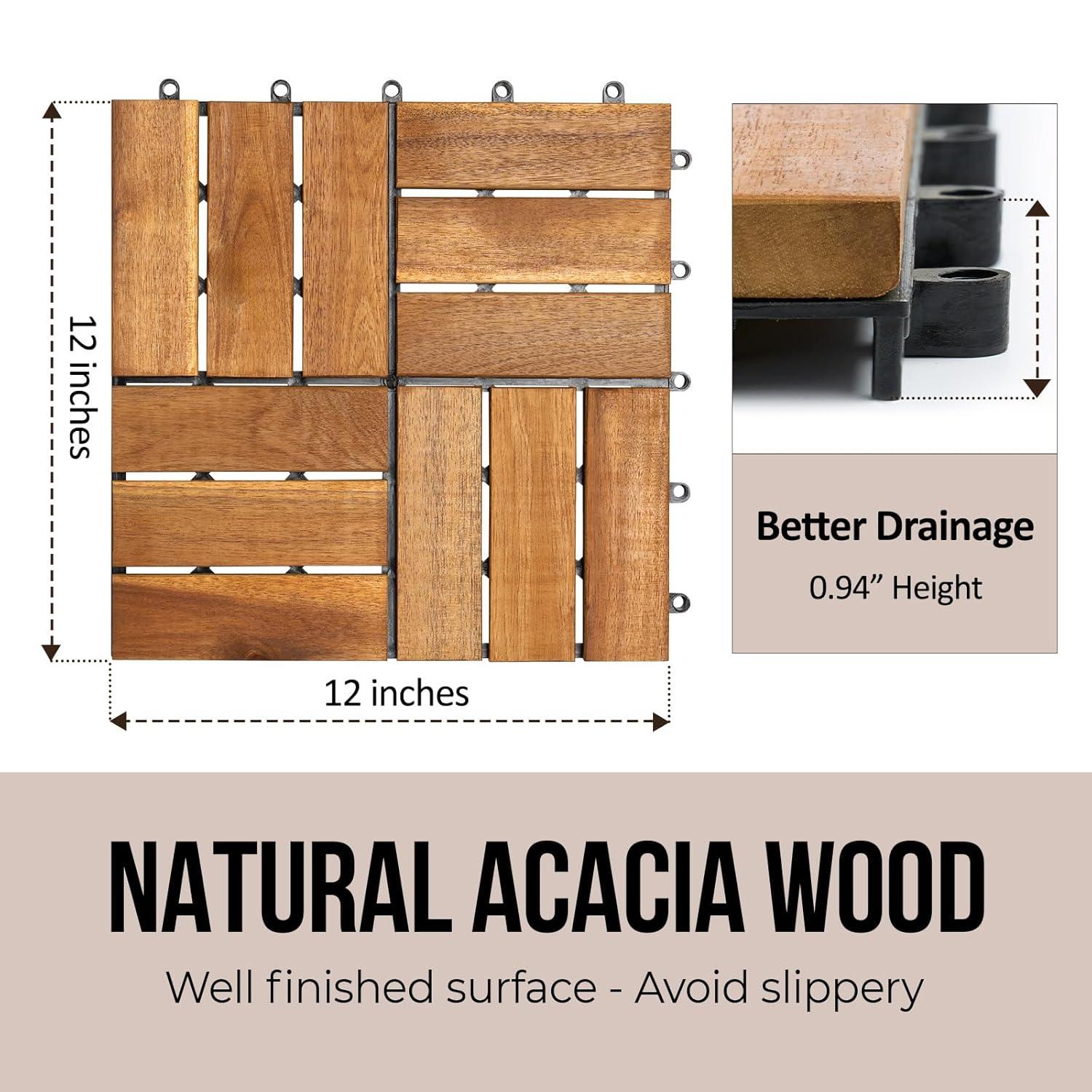 30 Pcs Premium Deck Tiles, Interlocking Deck Tile, Wooden Patio Flooring Outdoor Waterproof, Acacia Wood Decking All Weather for Balcony Indoor and Outdoor Use (Dark Brown, Round Joints)