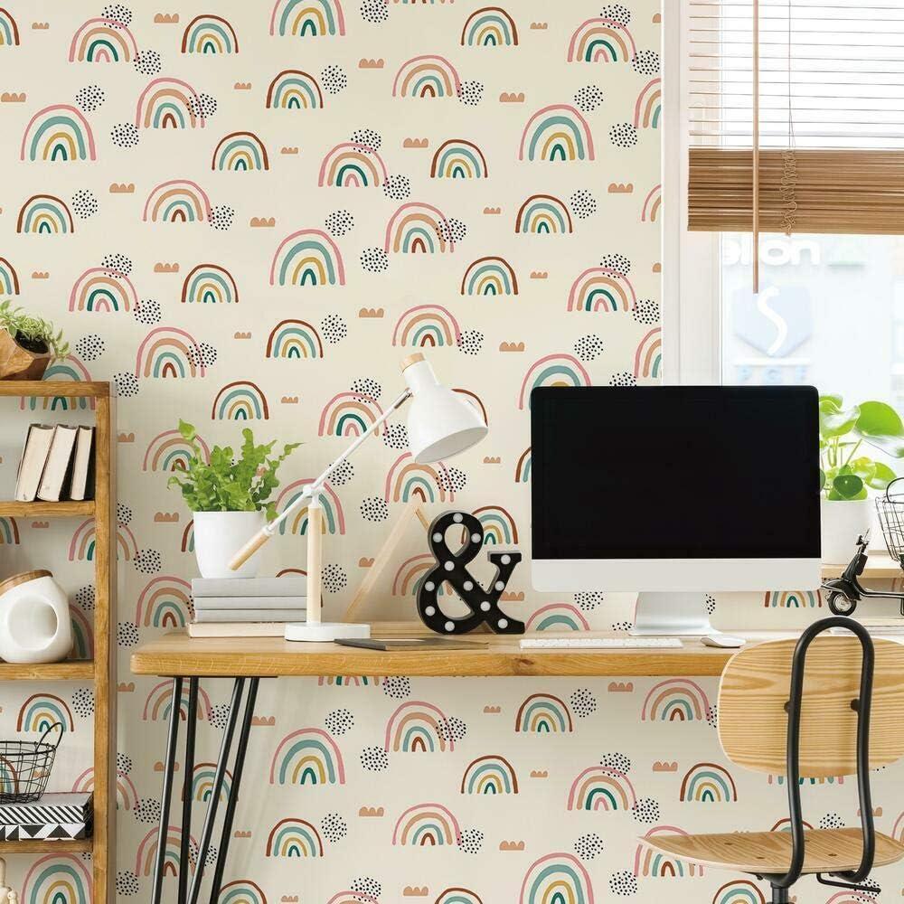 Taupe and Multicolor Rainbow Peel and Stick Wallpaper