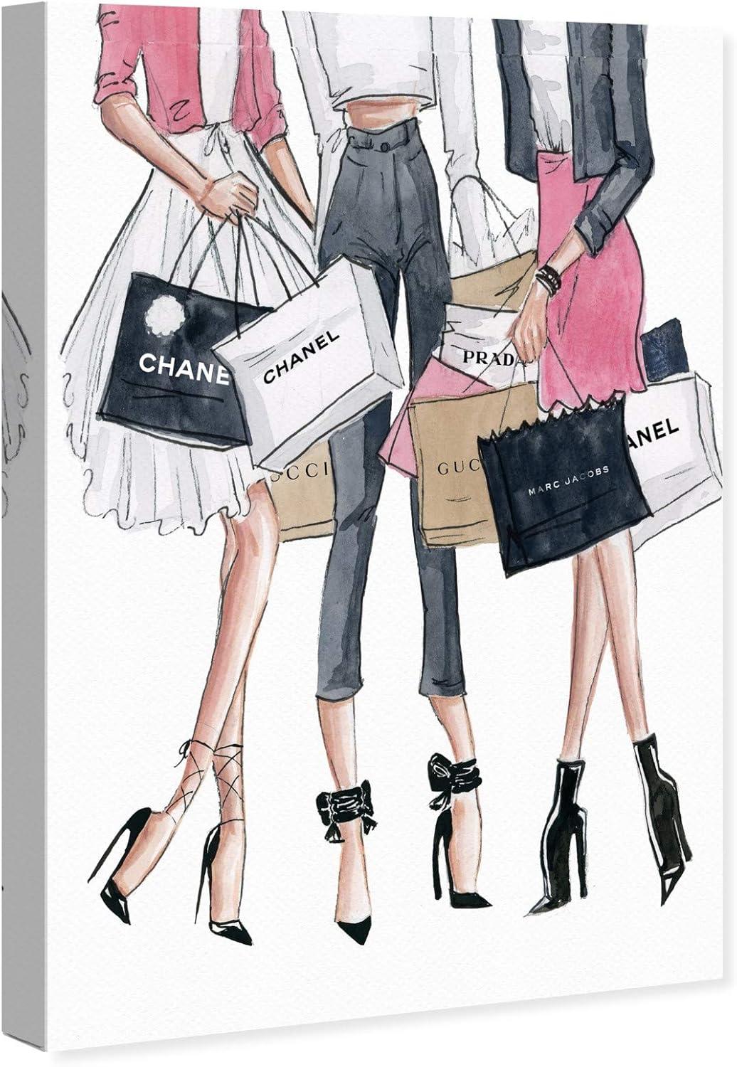 Fashion Shopping Date Canvas Art Print in Pink and White