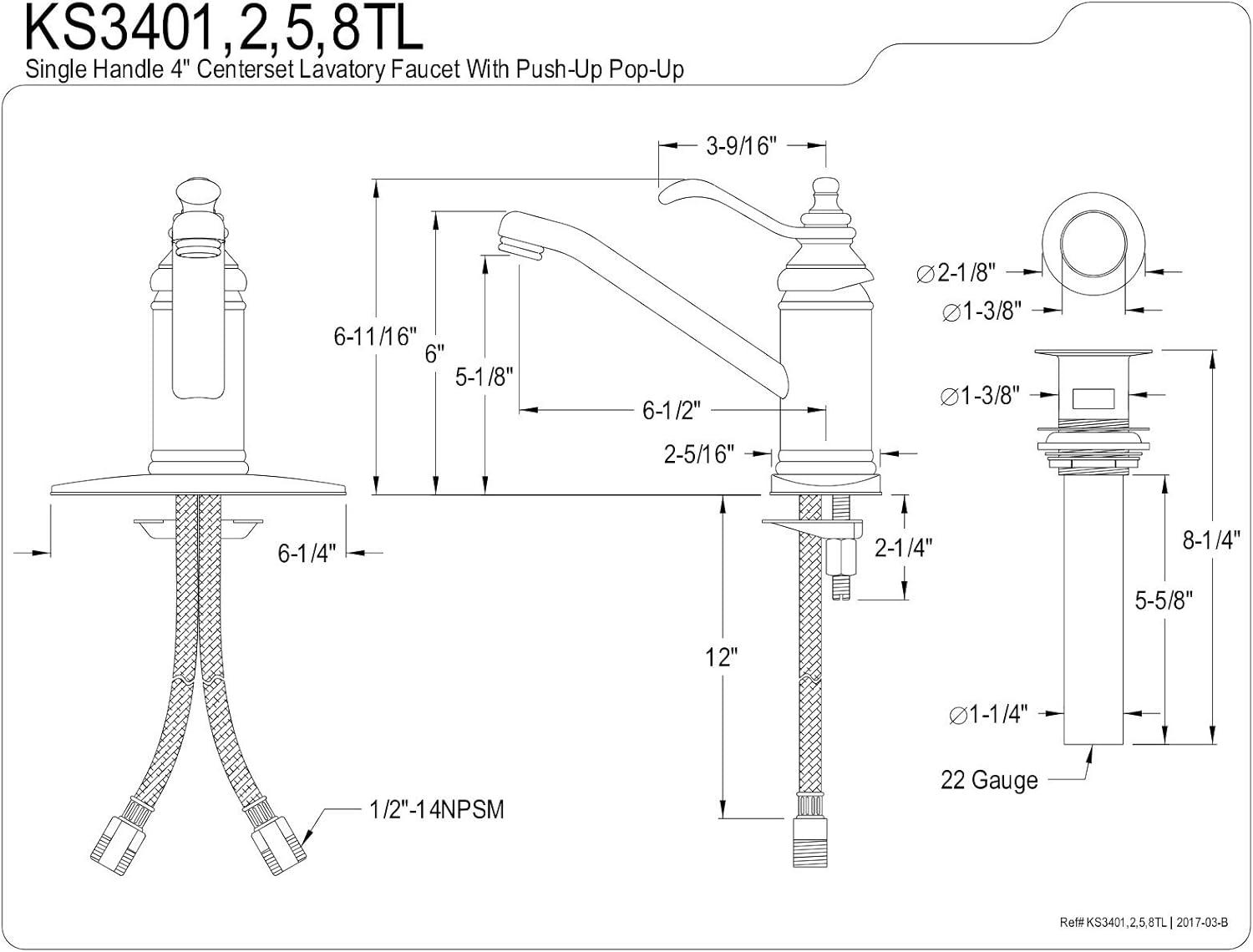 Kingston Brass KS3402TL Templeton 4" Single Handle Bathroom Faucet, Polished Brass