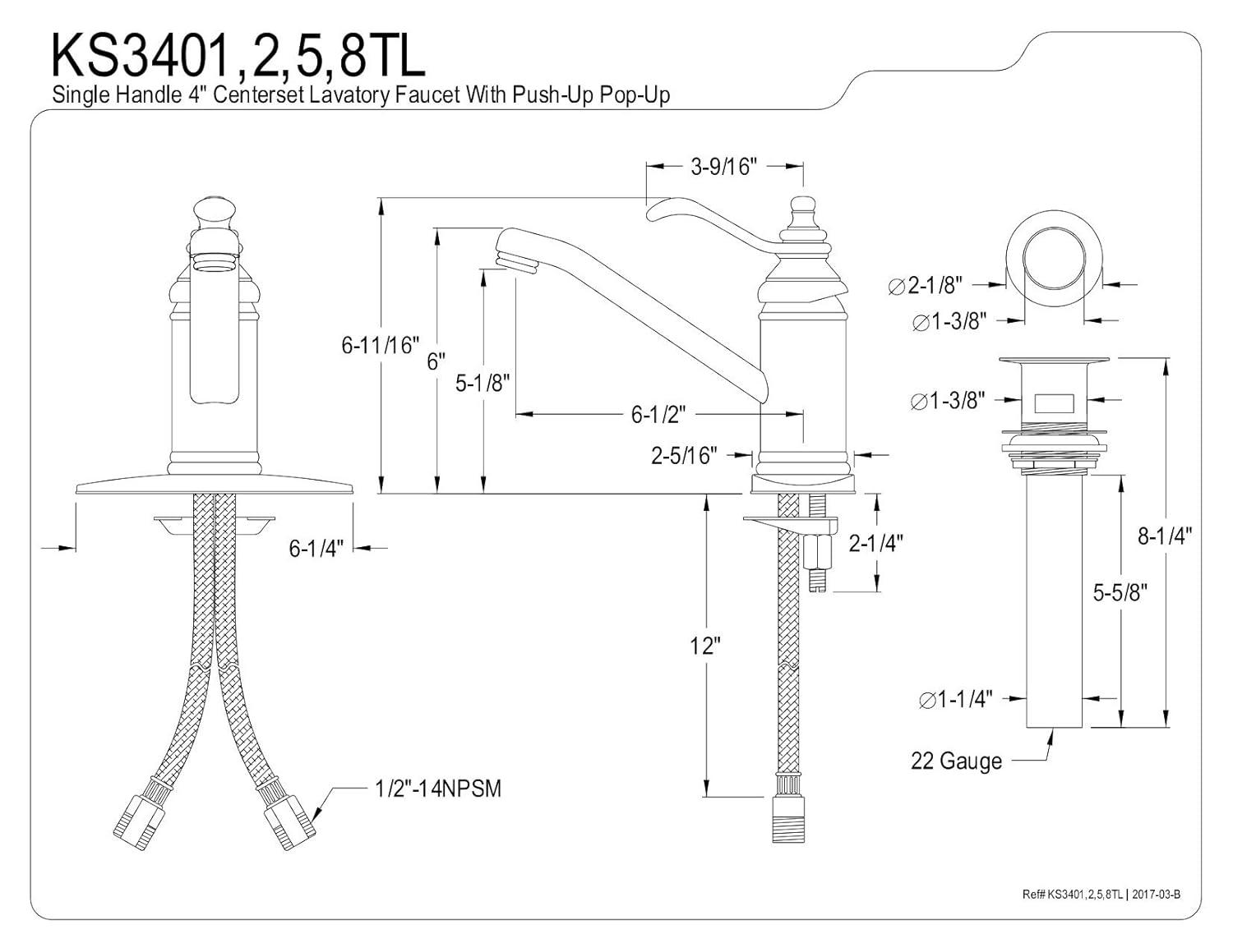 Kingston Brass KS3402TL Templeton 4" Single Handle Bathroom Faucet, Polished Brass