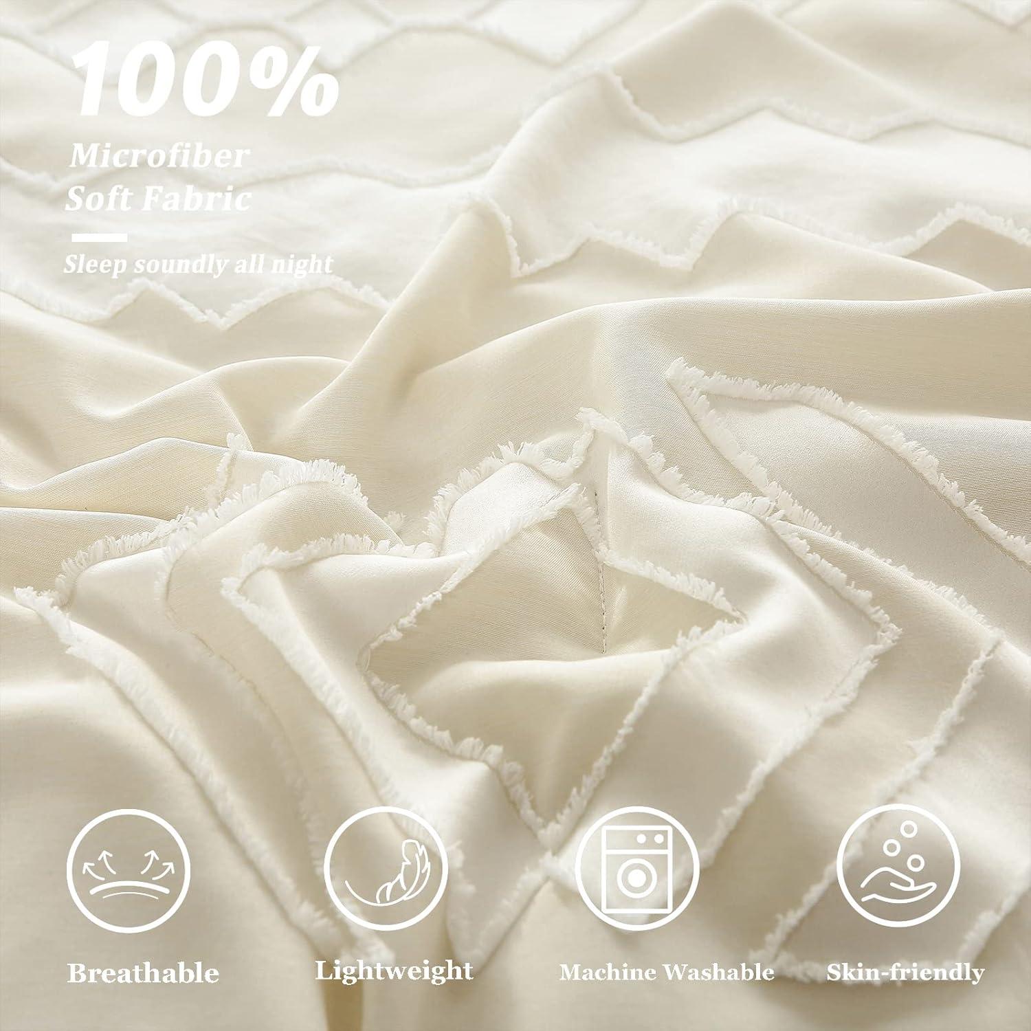 EVERGRACE King Size Comforter Set 7 Pieces Bed in a Bag for College Dorm, White Tufted Shabby Chic Boho Comforter and Sheet Set with Pom Pom Textured, Soft Fluffy Farmhouse Complete Bedding Set