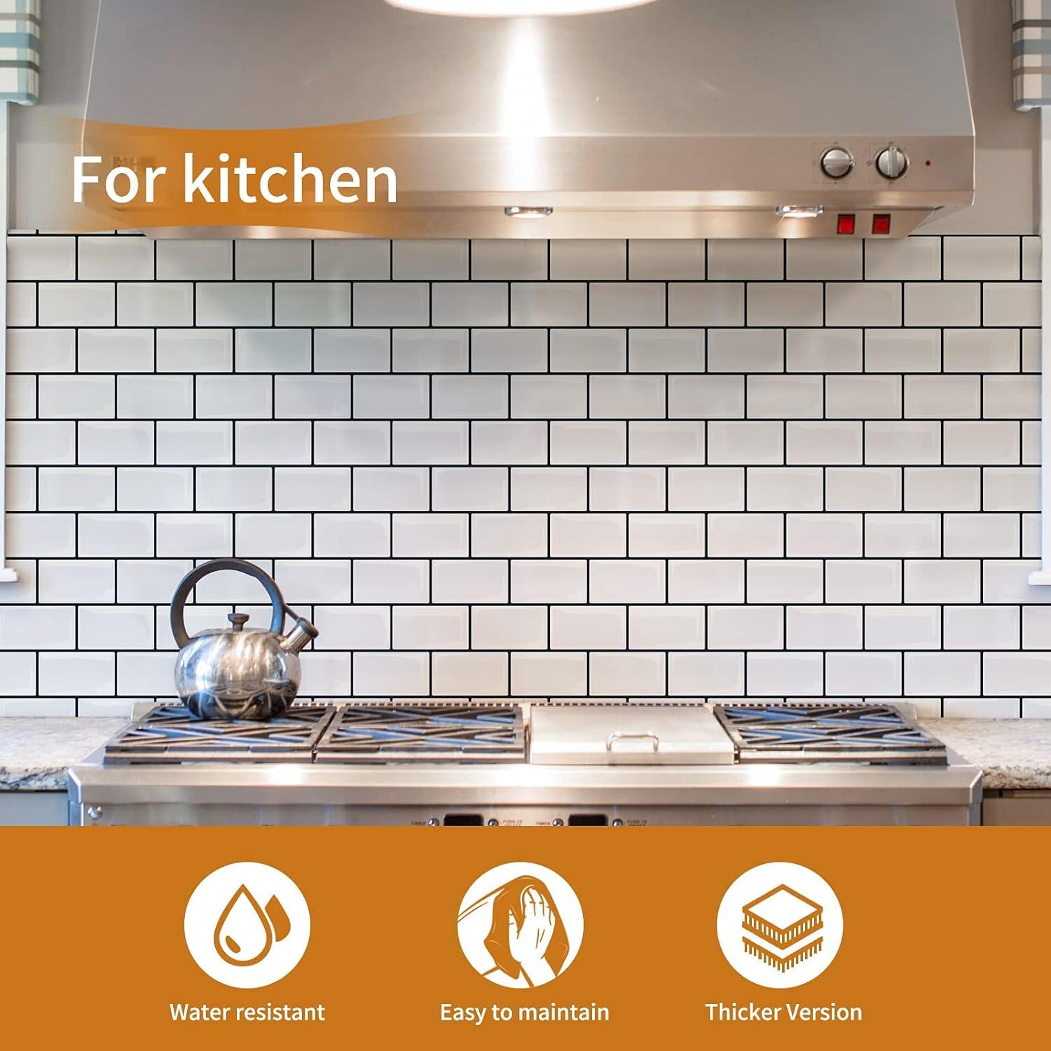 Art3d Peel and Stick Backsplash Tile, 10-Sheet Stick on Subway Tiles for Kitchem, Bathroom Back Splashes, 12"x12", Warm White with Black Grout