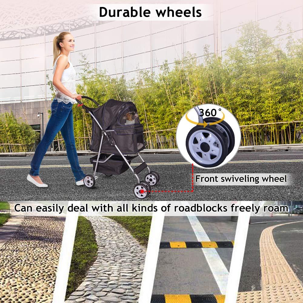 4 Wheels Pet Stroller Cat Dog Cage Stroller Travel Folding Carrier with Cup Holders and Removable Liner for Small-Medium Dog, Cat (Pink)