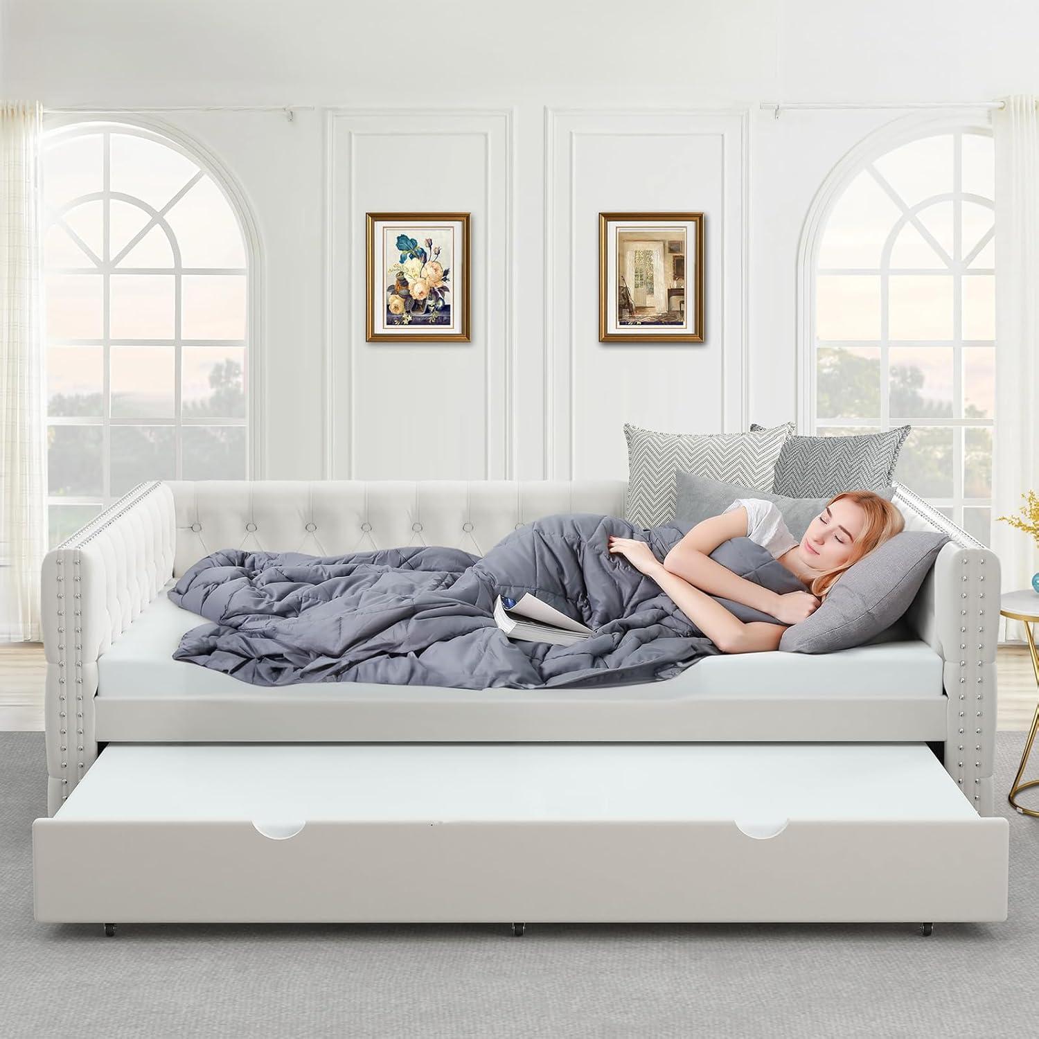 KNeretva Velvet Full Daybed with Twin Trundle, Modern Upholstered Full Size Day Bed Button-Tufted Sofa Daybed Frame (Black)