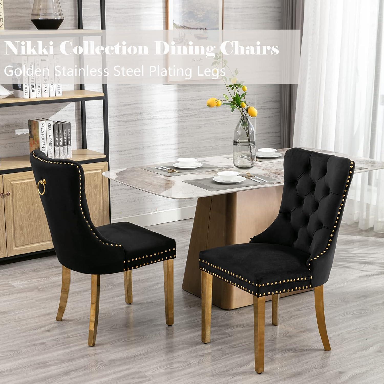 LegaHome Dining Chairs Set of 2, Modern Upholstered Velvet Dining Room Chairs with Nailhead Trim and Golden Stainless Steel Plating Solid Wood Legs, Tufted Button Padded Chairs Set for Kitchen, Black