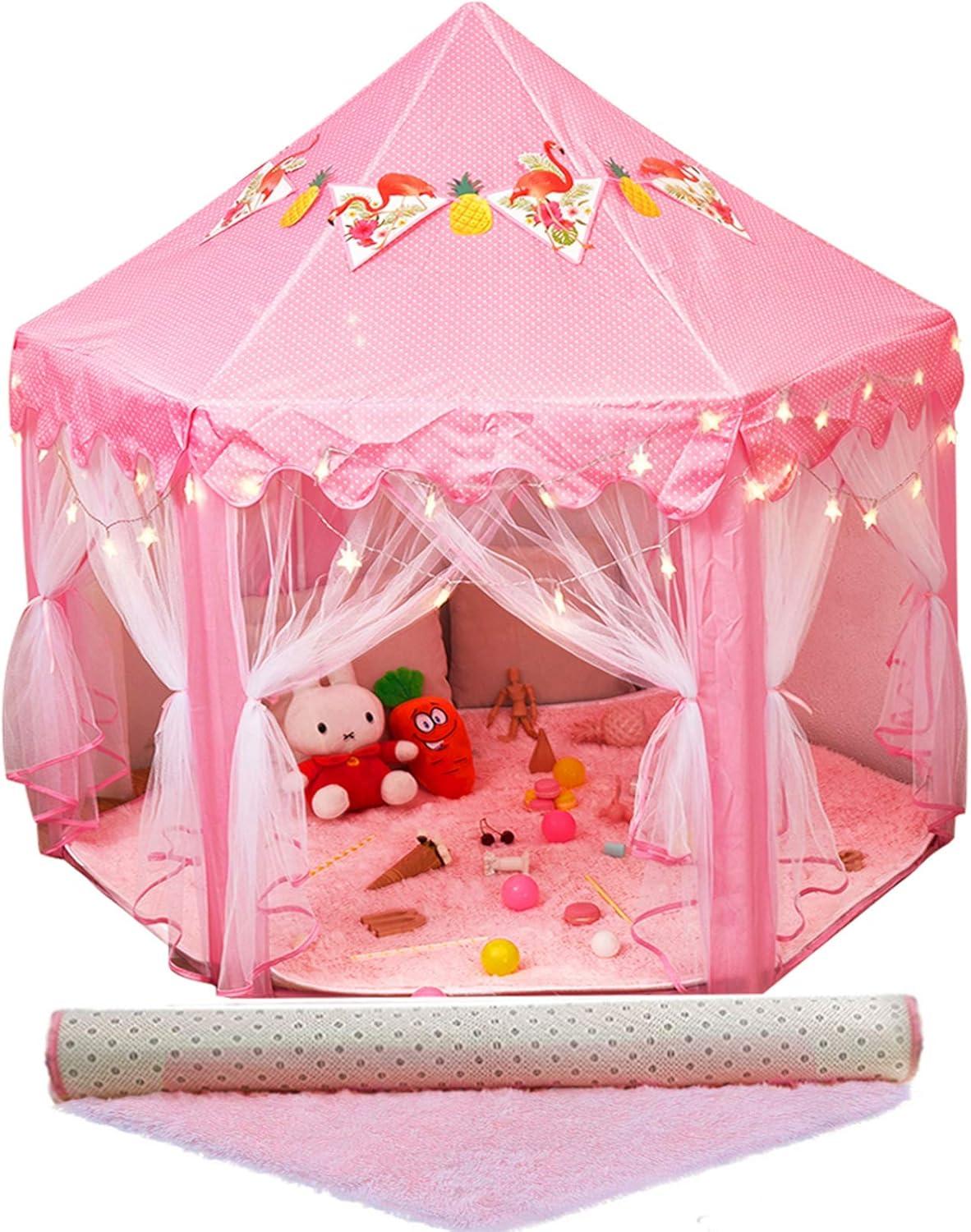 Twinkle Star 55"x 53" Princess Play Castle Tent with Ultra Soft Rug for Girls Playhouse Include Star String Lights and Banners Decor, Princess Tent, Kids Game House for Indoor Outdoor Game, Pink