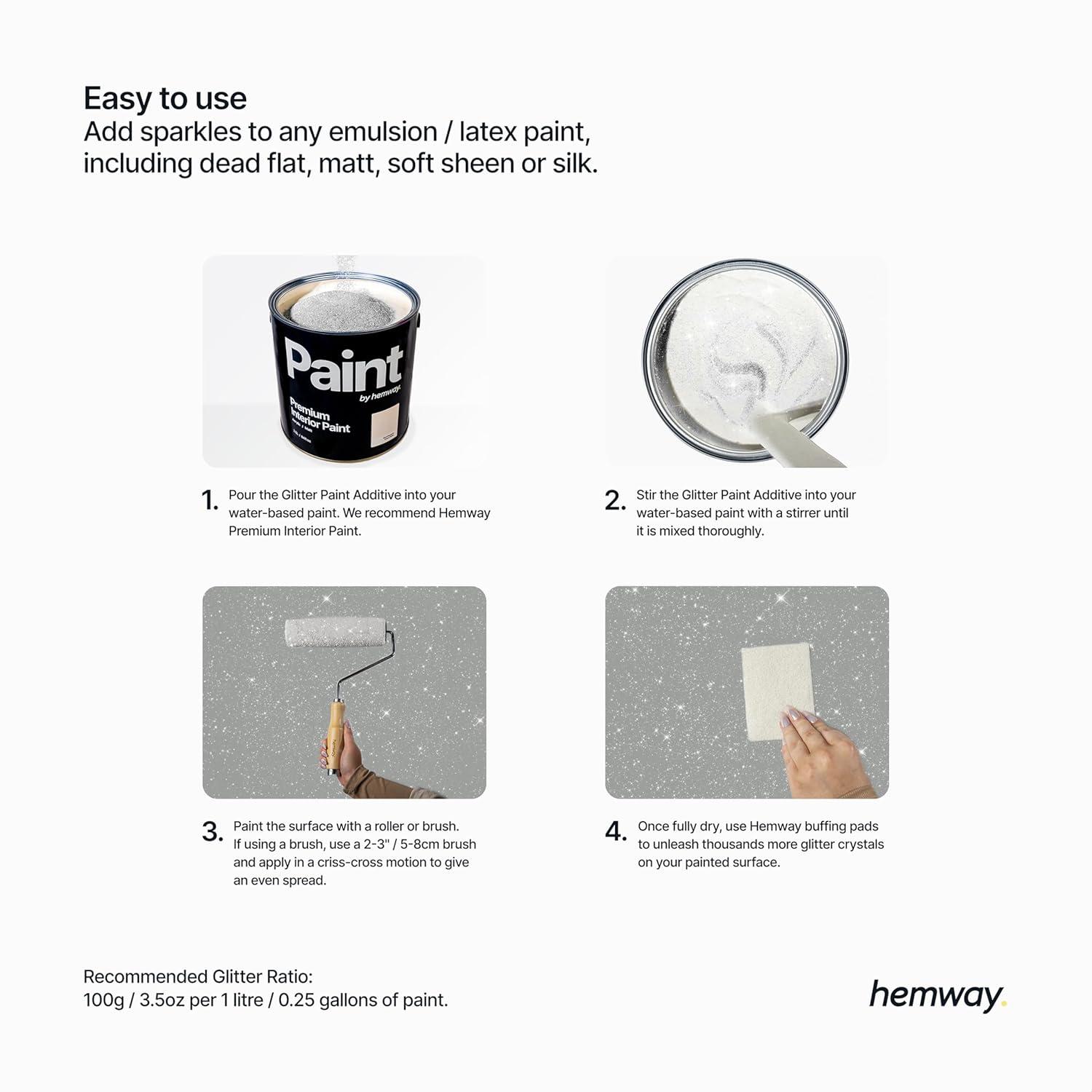 Hemway Glitter Paint Additive Crystals for Acrylic Emulsion Paint, Interior & Exterior Walls, Wood, Varnish, Matt, Gloss, Furniture 100g / 3.5oz - Ultrafine (1/128" 0.008" 0.2mm) - Silver Holographic
