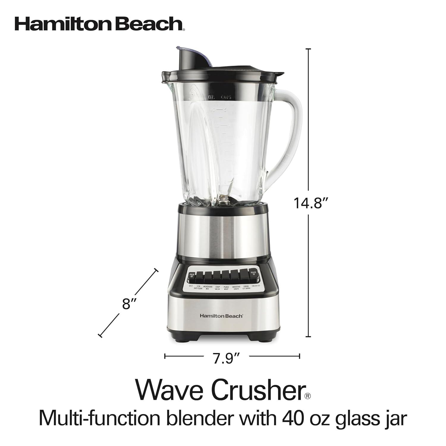 Hamilton Beach Wave Crusher Multi-Function Blender with 40 oz. Glass Jar and 14 Functions for Puree, Ice Crush, Shakes and Smoothies, Stainless Steel, 54221