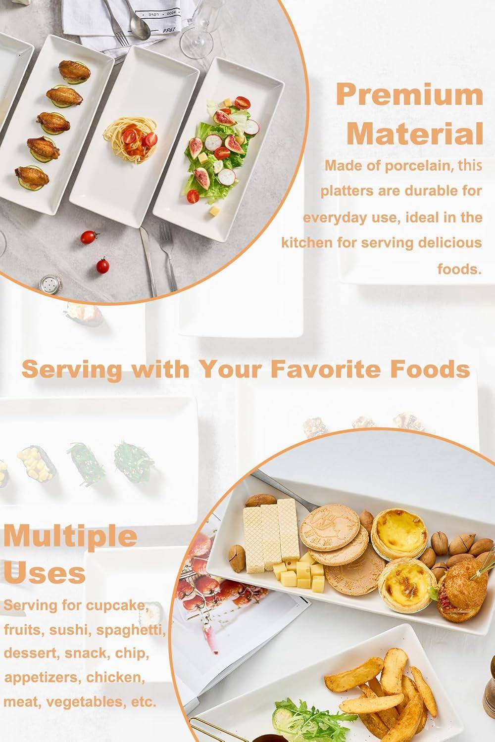 LAUCHUH Serving Platters and Tray White Serving Dishes for Entertaining 14-inch Large Rectangle Plates for Christmas, Porcelain Serving Trays for Steak, Taco, Sushi, Appetizer, Party, Set of 4