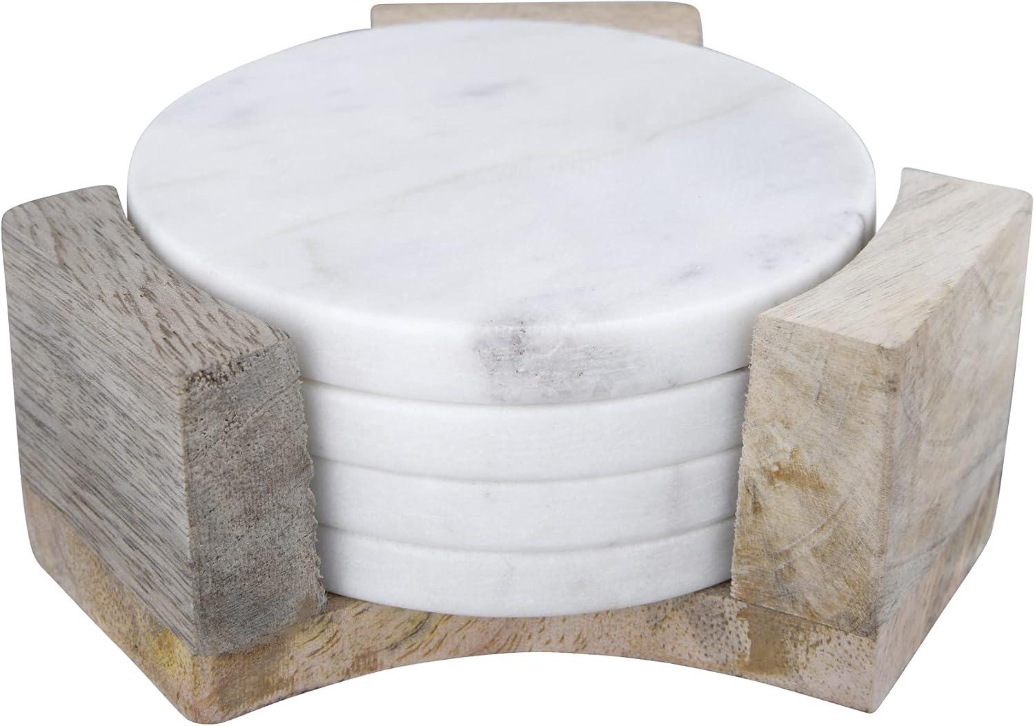 White Marble Round Coasters with Mango Wood Holder, Set of 5