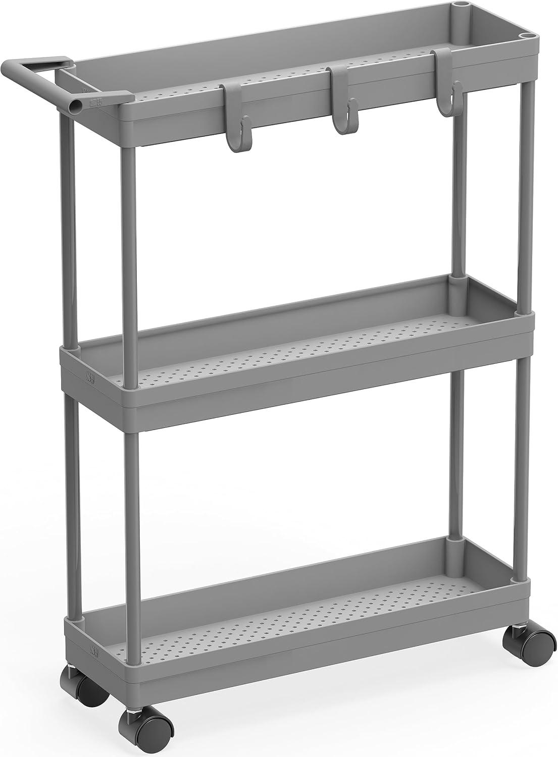 Slim Grey Plastic 3-Tier Kitchen Cart with Handle