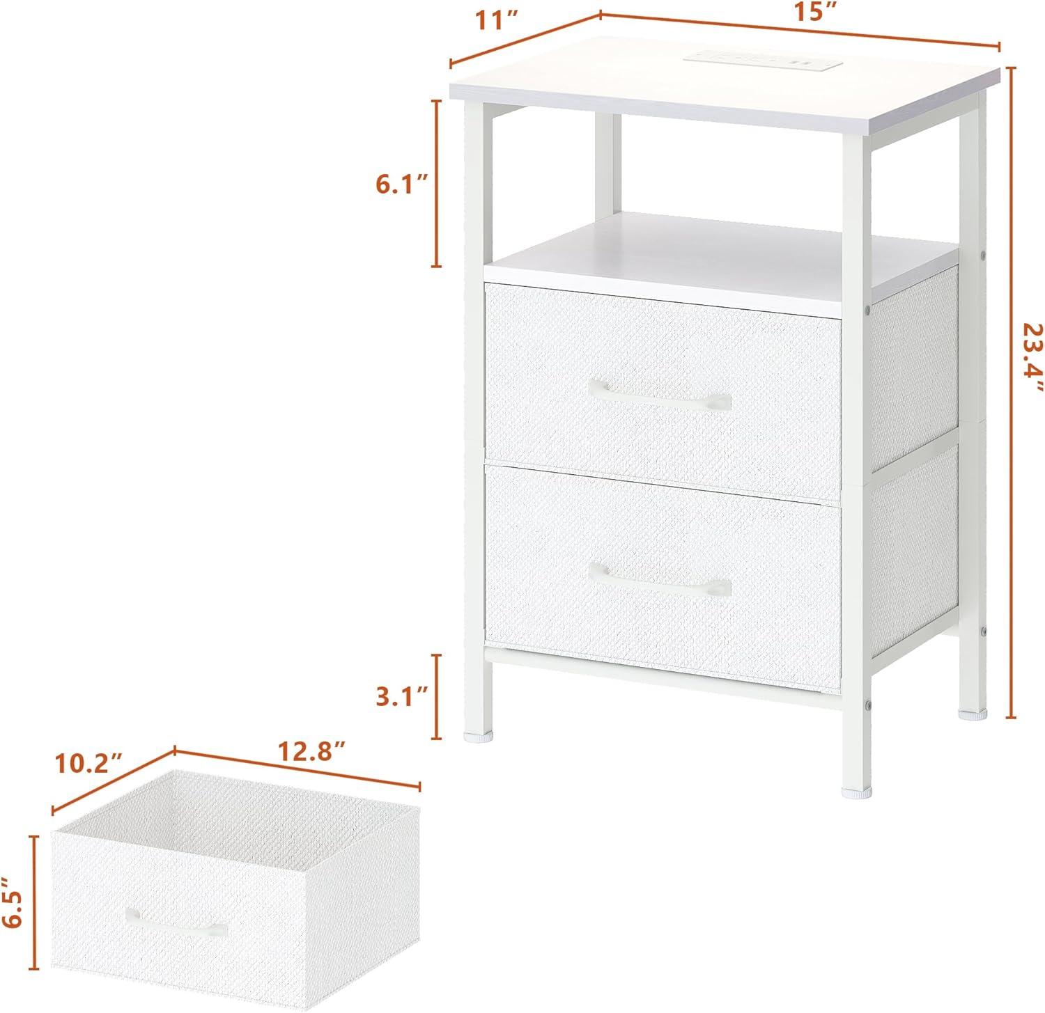 End Table with Charging Station, Narrow Side Table with 2 Fabric Drawers, Skinny Nightstand with LED Light, Slim Bedside Table for Bedroom, Living Room, Small Spaces, White