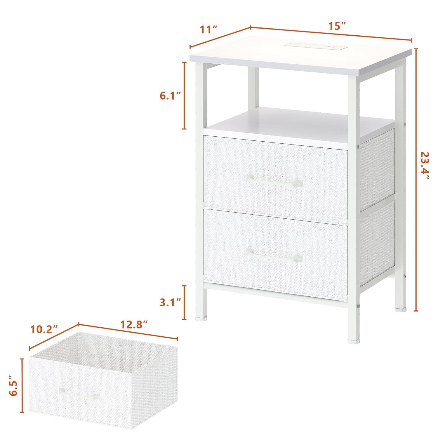 End Table with Charging Station, Narrow Side Table with 2 Fabric Drawers, Skinny Nightstand with LED Light, Slim Bedside Table for Bedroom, Living Room, Small Spaces, White