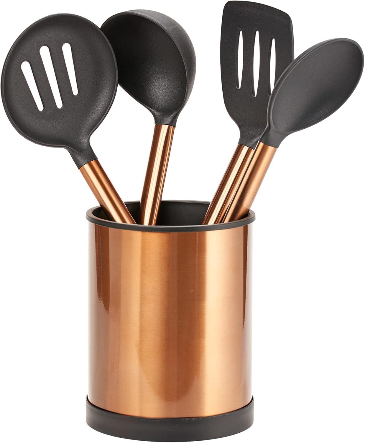 Servappetit 5 Pc Cooking Utensil Set - Slotted Spatula, Oval Spoon, Round Spoon with Holder - Heat Resistant, Non-Stick - Copper