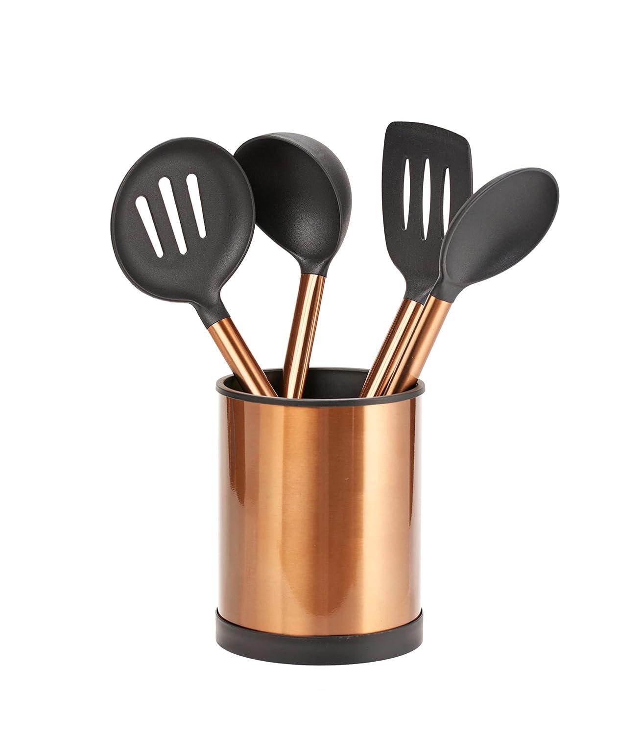 Servappetit 5 Pc Cooking Utensil Set - Slotted Spatula, Oval Spoon, Round Spoon with Holder - Heat Resistant, Non-Stick - Copper