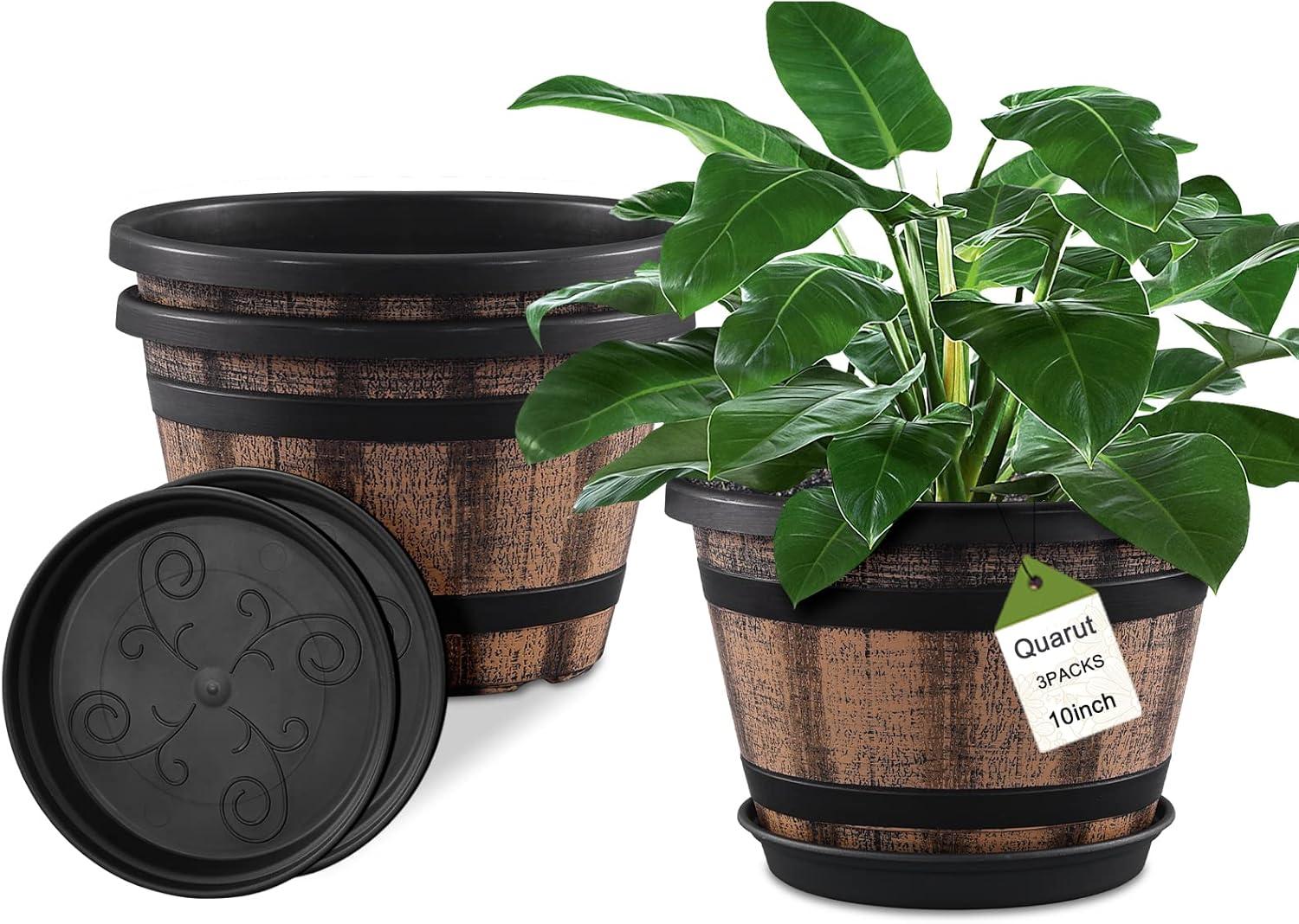 Brown 10" Round Plastic Whiskey Barrel Planter Set