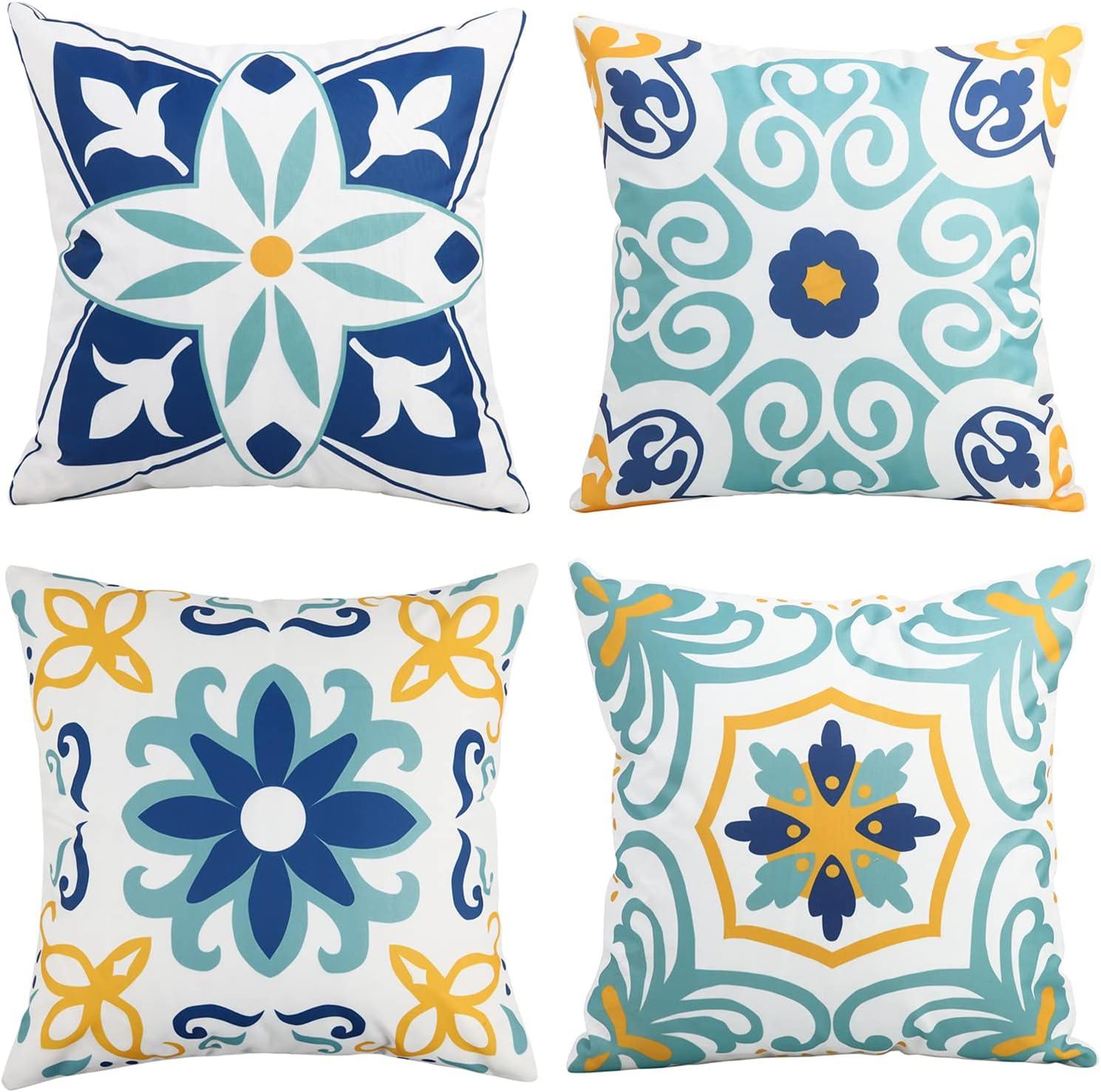 Set of 4 Blue and Yellow Boho Floral Waterproof 18" Square Pillow Covers