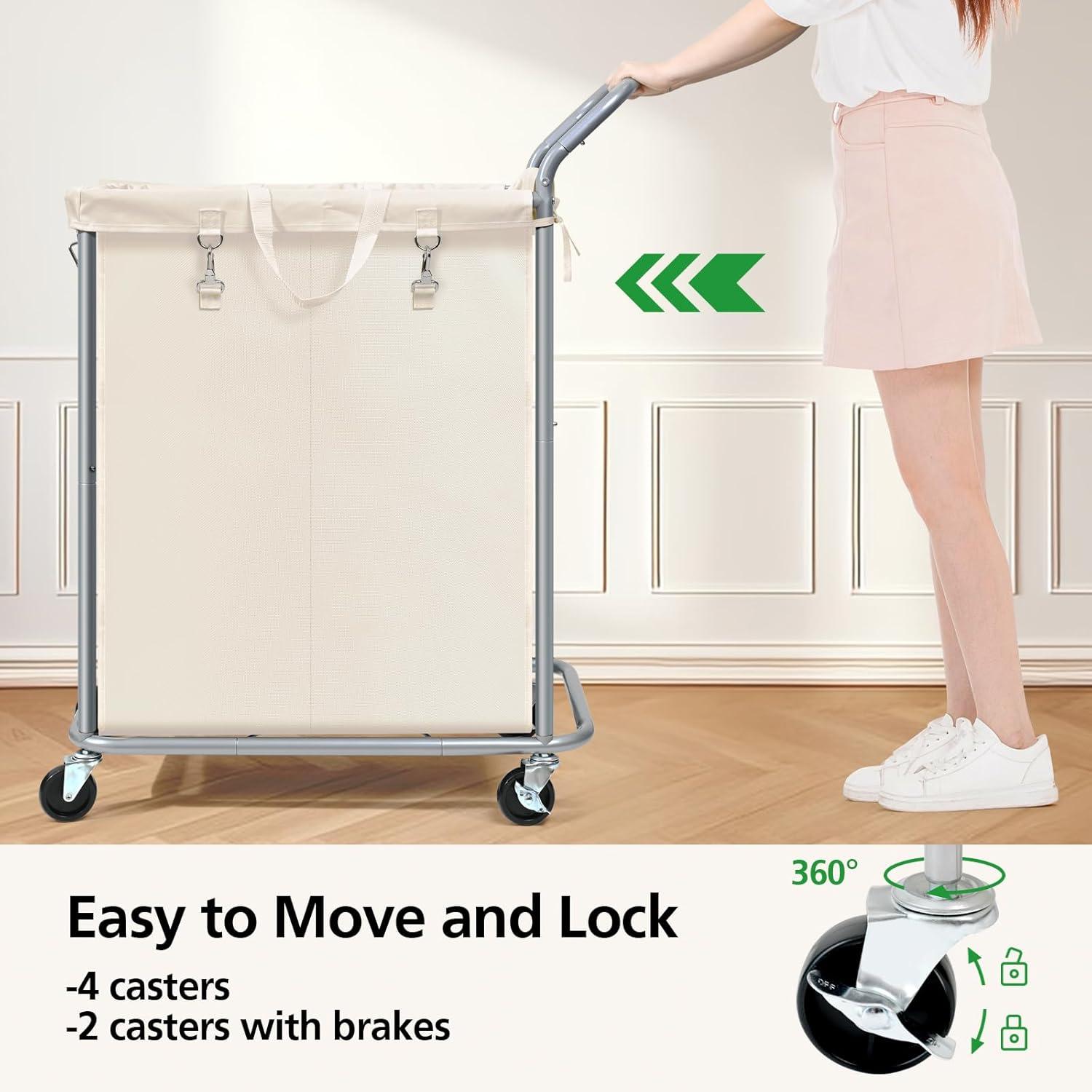 Beige 140L Rolling Laundry Sorter with Steel Frame and Removable Liner